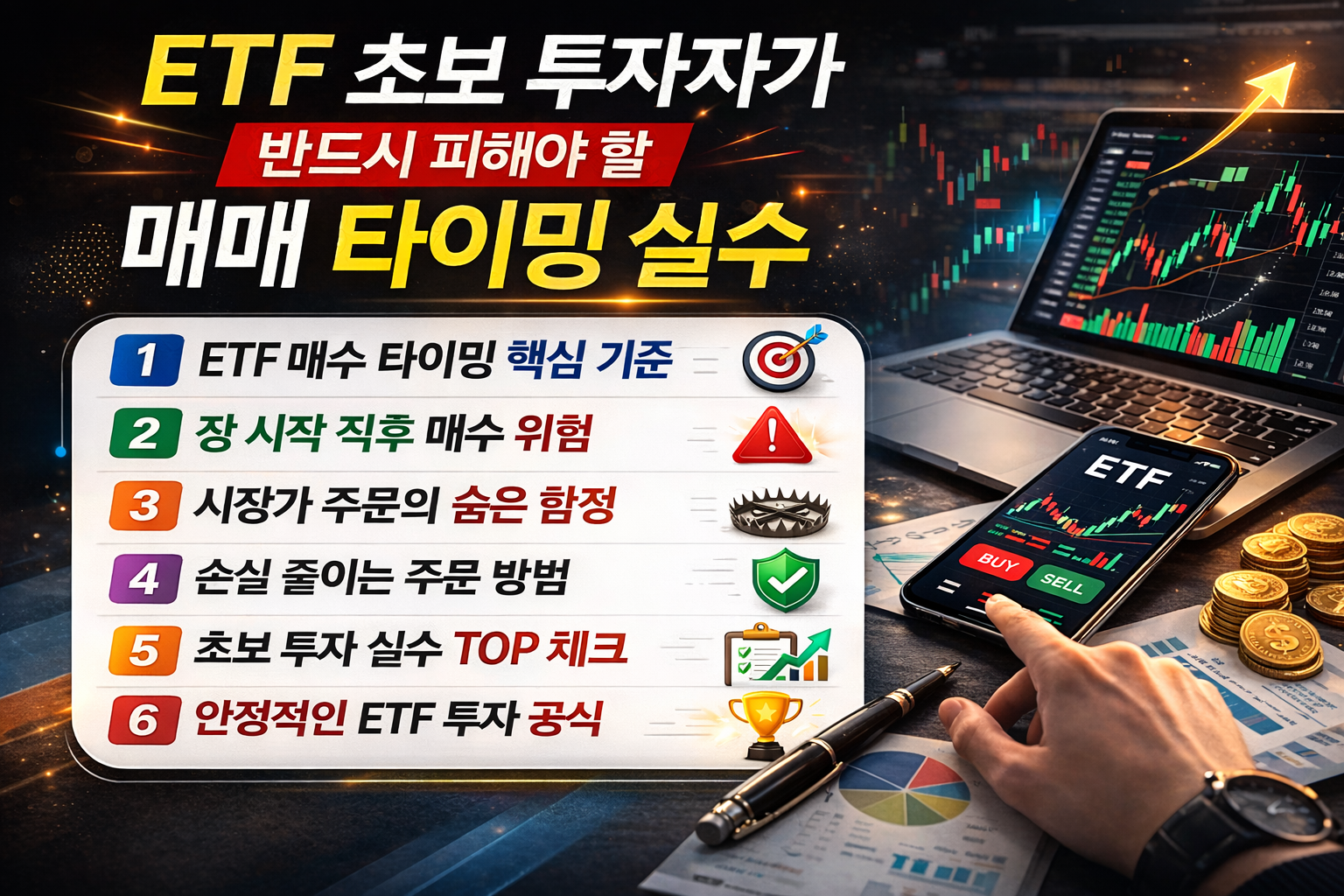 ETF 초보 투자자가 반드시 피해야 할 매매 타이밍 실수를 6가지 핵심 항목으로 정리한 금융 투자 인포그래픽 이미지