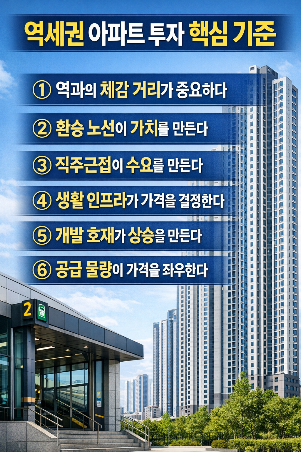 역세권 아파트 투자로 돈 버는 기준을 6가지로 정리한 인포그래픽으로 지하철 출입구와 고층 아파트 단지 이미지가 함께 표현된 부동산 투자 콘텐츠