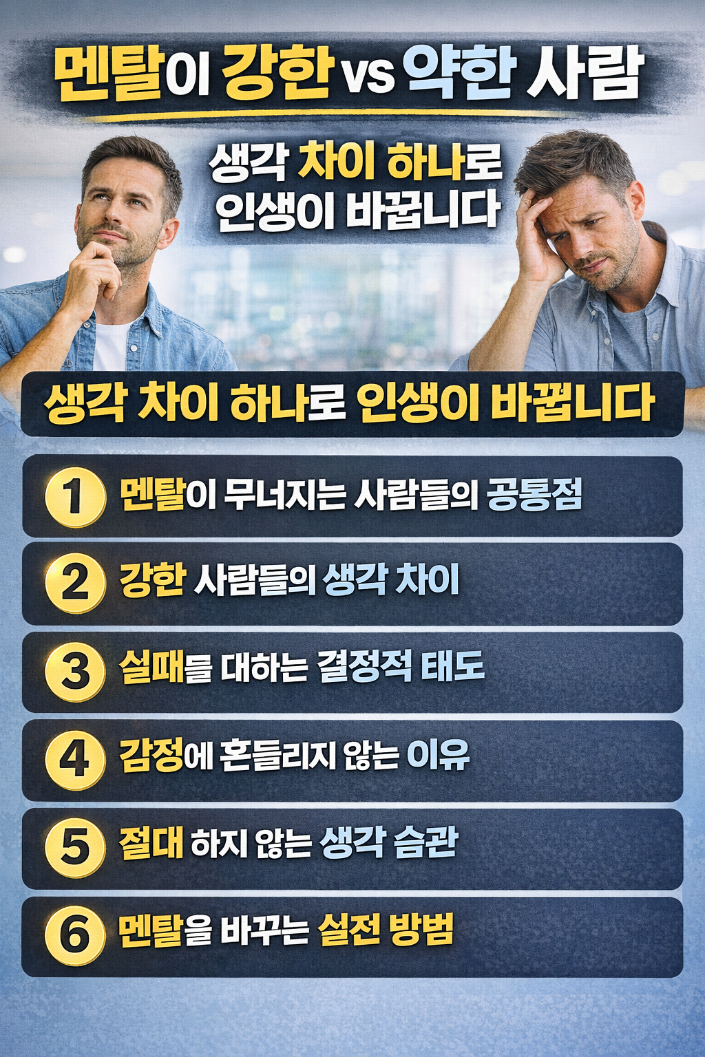 멘탈이 강한 사람과 약한 사람의 사고 차이를 6가지 핵심 포인트로 비교 정리한 인포그래픽 이미지