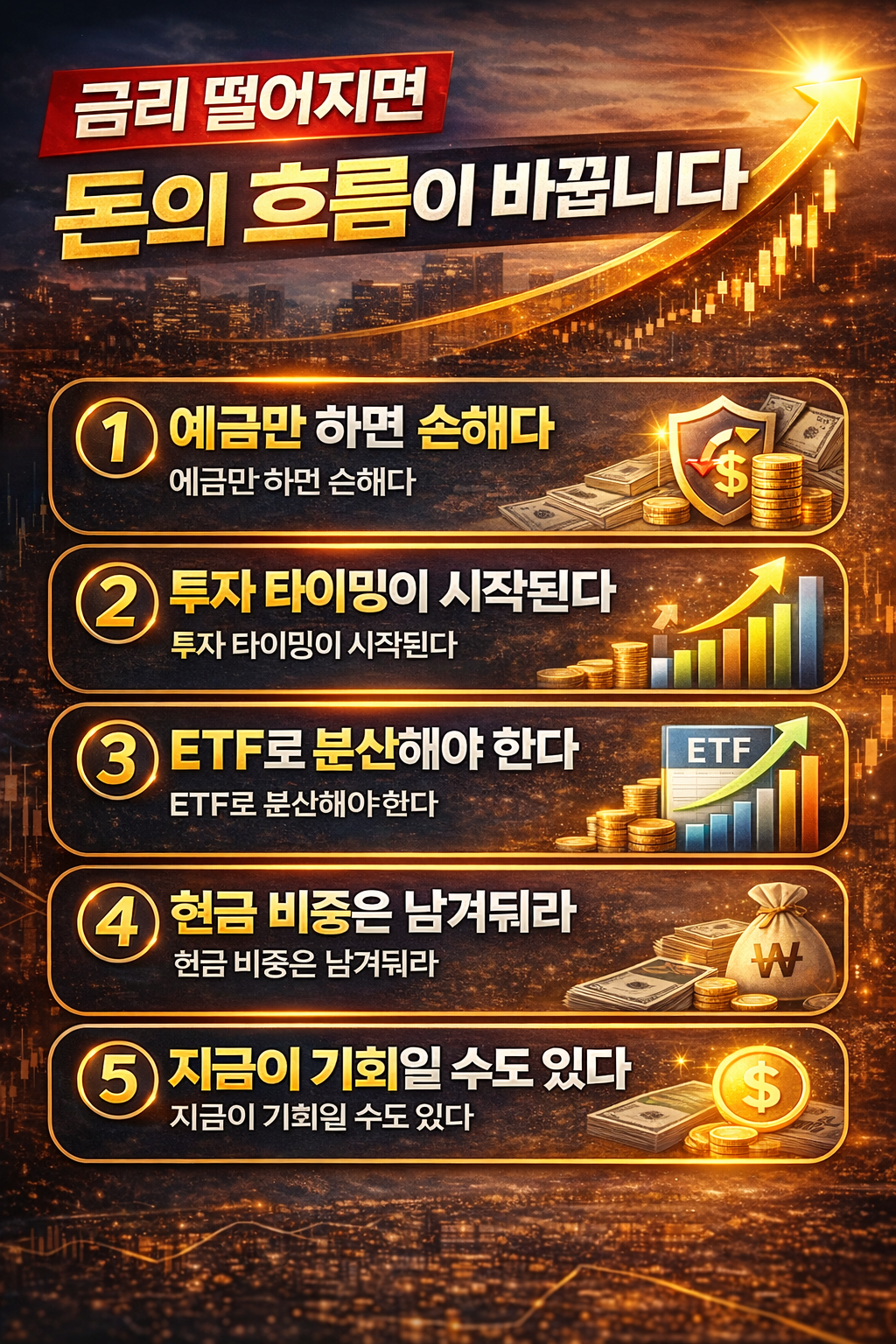 금리 하락 시기 돈의 흐름 변화와 투자 전략을 설명하는 인포그래픽으로 예금 축소, 투자 확대, ETF 분산, 현금 비중 유지, 투자 기회 포착 등 5가지 핵심 전략을 시각적으로 정리한 이미지