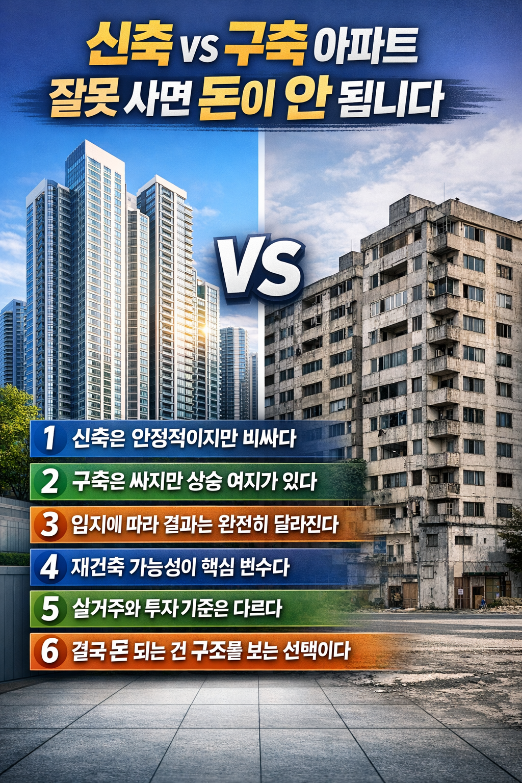신축 아파트와 구축 아파트를 비교하는 인포그래픽으로 현대식 아파트와 노후 아파트를 대비해 보여주며 투자 기준과 가격 상승 구조를 6가지 핵심 포인트로 정리한 부동산 이미지