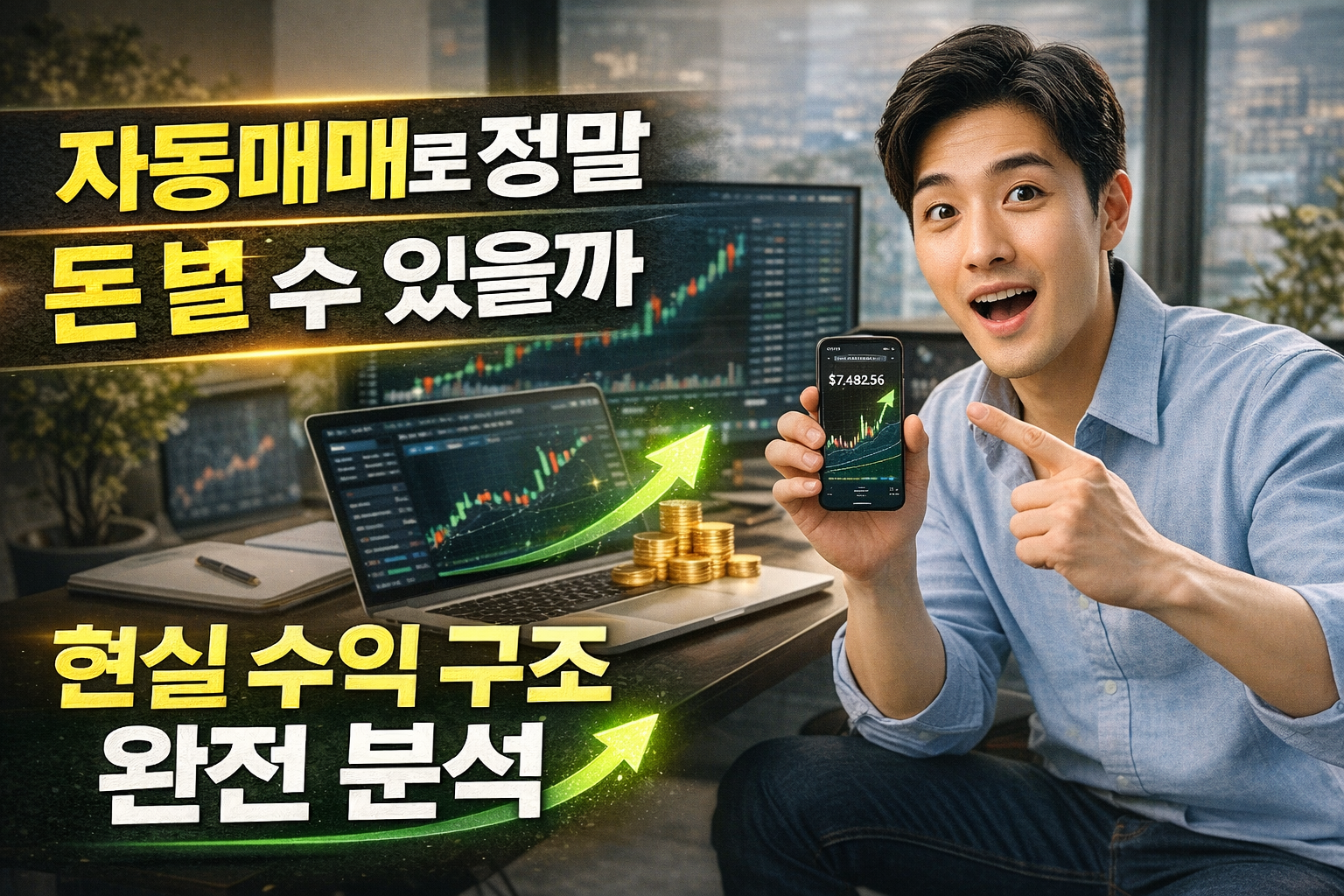 자동매매 수익 구조를 설명하는 이미지로, 노트북과 모니터에 주식 차트가 표시된 환경에서 남성이 스마트폰을 들고 상승 그래프를 가리키며 놀란 표정을 짓고 있고, 옆에는 금화와 상승 화살표가 배치되어 투자 수익을 강조한 썸네일