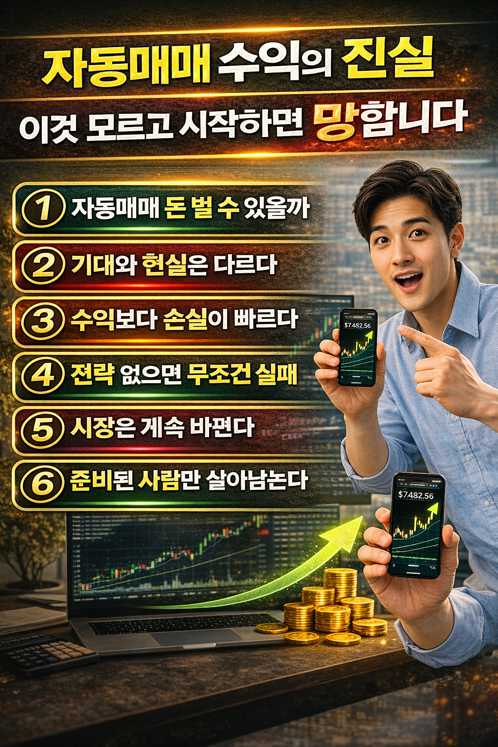 자동매매 수익의 현실과 위험성을 설명하는 인포그래픽으로, 자동매매 수익 가능성, 기대와 현실 차이, 손실 속도, 전략 중요성, 시장 변화, 생존 조건 등 6가지 핵심 요소가 번호와 함께 강조된 이미지