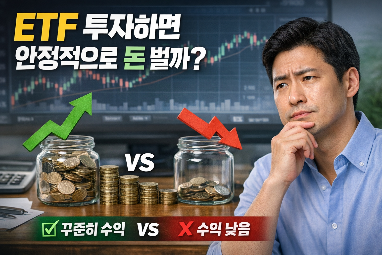 ETF 투자 수익 가능성을 비교하는 이미지로, 책상 위 두 개의 유리병에 금화가 각각 다르게 쌓여 있고 하나는 상승 화살표, 다른 하나는 하락 화살표가 표시되어 있으며, 남성이 고민하는 표정으로 이를 바라보는 모습과 주식 차트 배경이 함께 표현된 썸네일