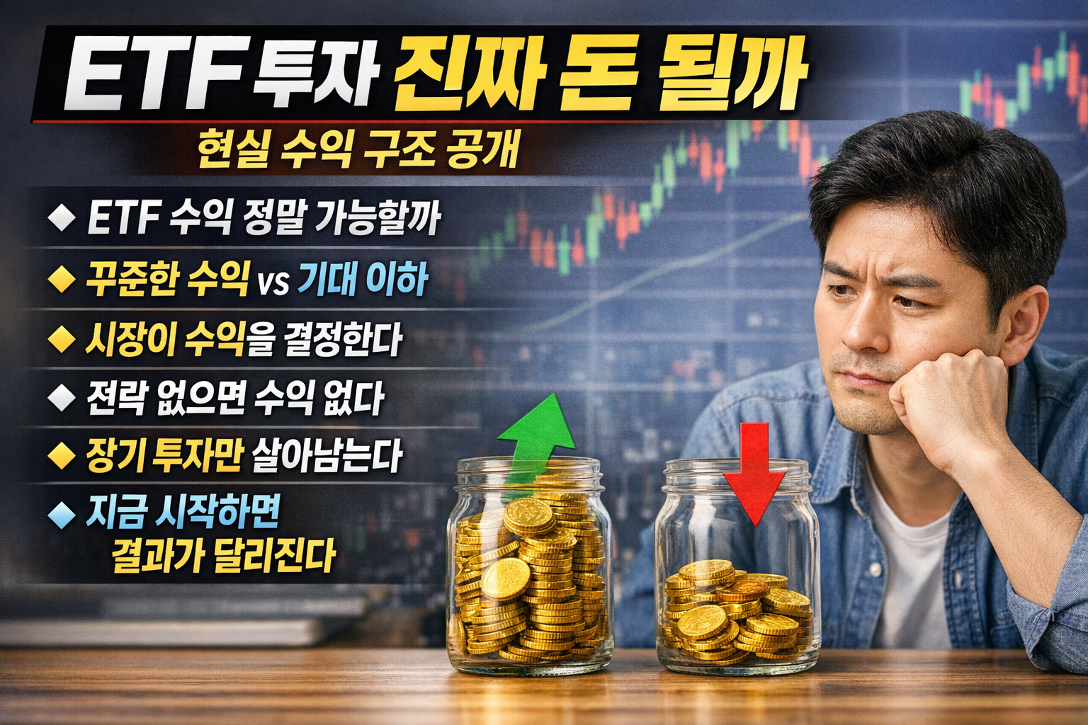 ETF 투자 수익 가능성과 전략 중요성을 설명하는 인포그래픽으로, ETF 수익 가능성, 수익 격차, 시장 영향, 전략 필요성, 장기 투자 중요성, 결과 변화 등 6가지 핵심 요소가 번호와 함께 강조된 이미지