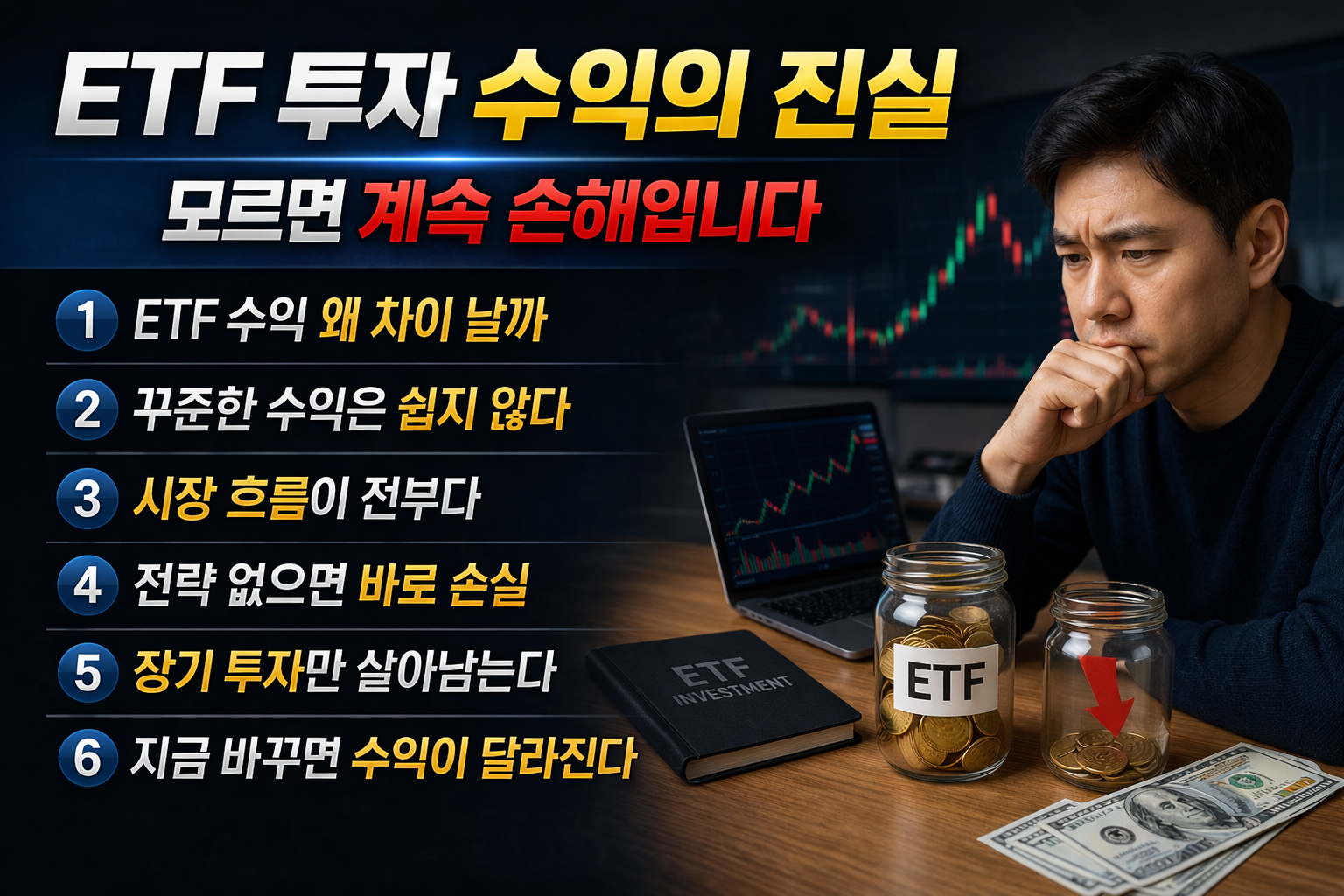 ETF 투자 수익의 현실과 전략 중요성을 설명하는 인포그래픽으로, 수익 차이 원인, 안정적 수익의 어려움, 시장 영향력, 전략 필요성, 장기 투자 중요성, 실행 시 수익 변화 등 6가지 핵심 요소가 번호와 함께 강조된 이미지