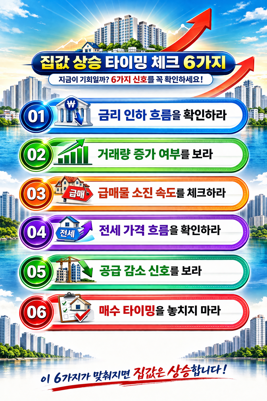 집값 상승 타이밍을 판단하는 6가지 핵심 신호를 정리한 인포그래픽으로 금리 인하, 거래량 증가, 급매물 소진, 전세 가격 상승, 공급 감소, 매수 타이밍을 설명한 이미지
