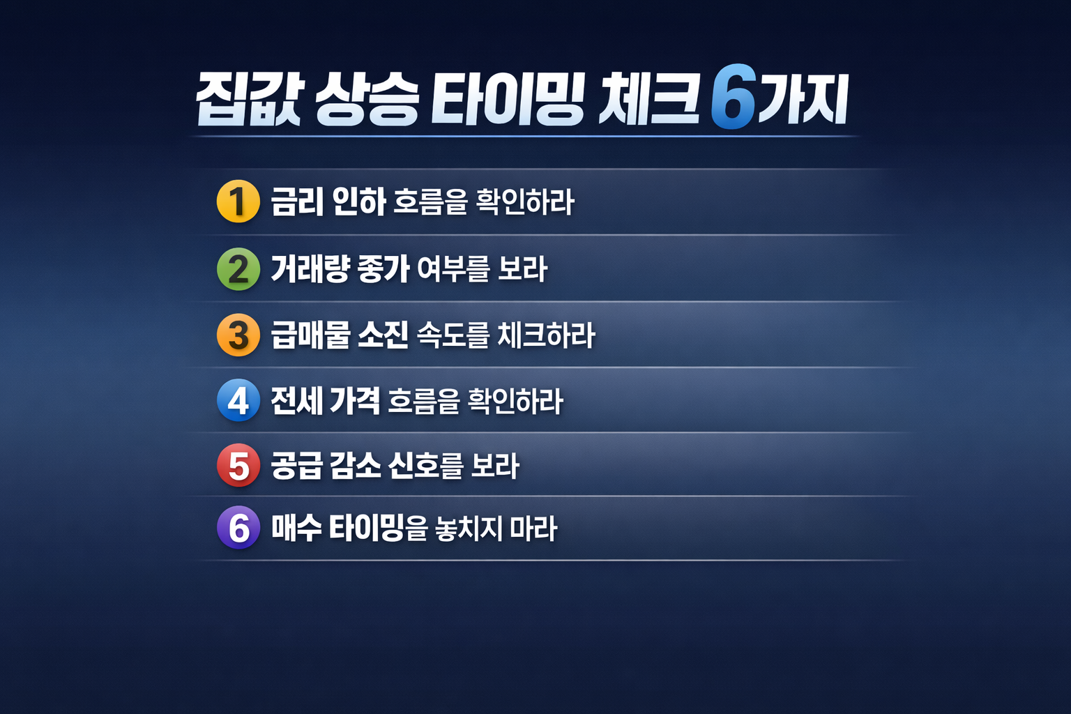 집값 상승 타이밍 체크 6가지를 정리한 인포그래픽으로 금리 인하, 거래량 증가, 급매물 소진, 전세 가격 흐름, 공급 감소, 매수 타이밍을 설명한 이미지