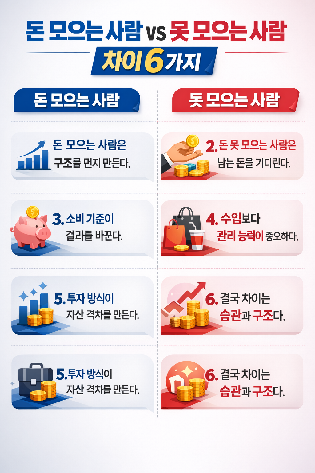 돈 모으는 사람과 못 모으는 사람의 차이를 소비 습관, 자산 관리, 투자 방식 등 6가지 기준으로 비교 정리한 재테크 인포그래픽 이미지