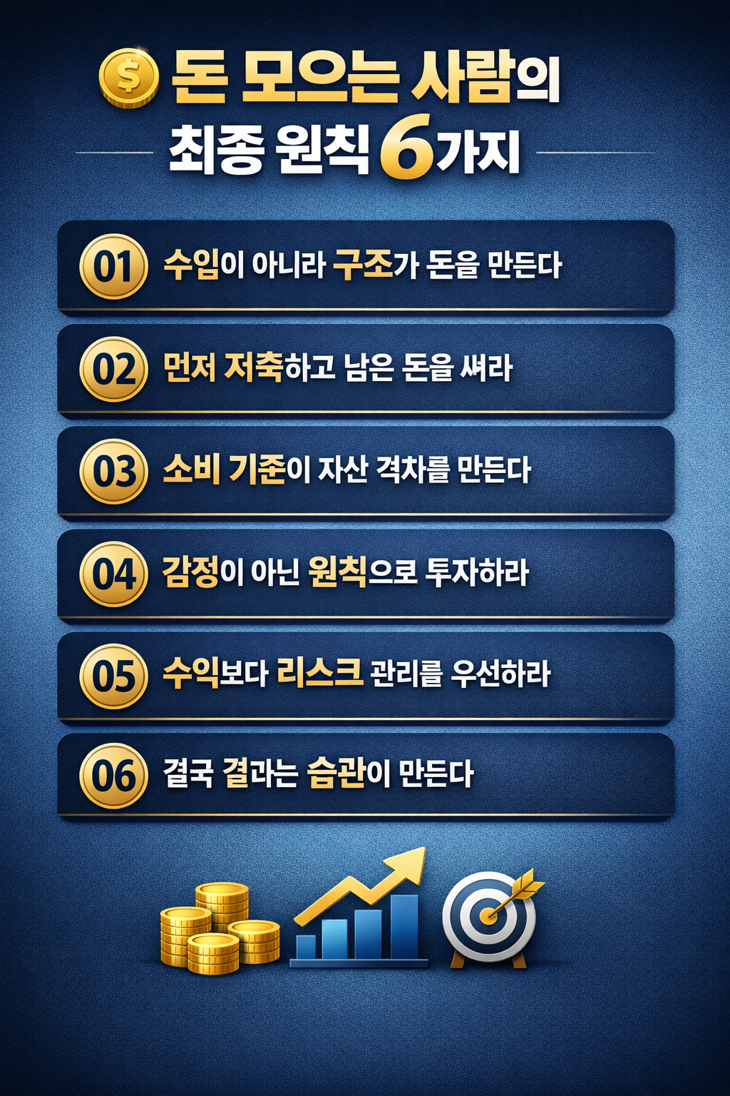 돈을 모으는 사람의 핵심 원칙을 중심으로 저축 구조, 소비 기준, 투자 원칙, 리스크 관리 등 자산을 만드는 6가지 전략을 정리한 재테크 인포그래픽 이미지