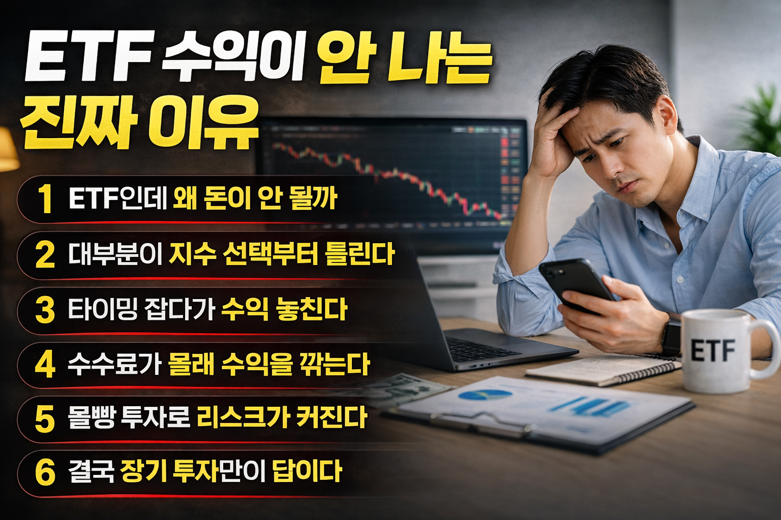 ETF 수익이 나지 않는 이유 6가지를 정리한 인포그래픽으로, 지수 선택 오류, 타이밍 실패, 수수료 부담, 몰빵 투자 위험, 장기 투자 부족 등 핵심 문제를 강조한 금융 이미지