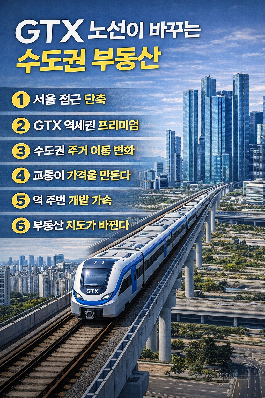 GTX 노선 확장으로 인한 수도권 부동산 가치 변화를 설명하는 인포그래픽 이미지로, GTX 열차가 도심 고층 아파트와 빌딩 사이를 달리며 GTX 역세권 프리미엄, 서울 접근성, 수도권 주거 이동 변화 등 부동산 시장 변화 6가지를 정리한 부동산 정보 그래픽
