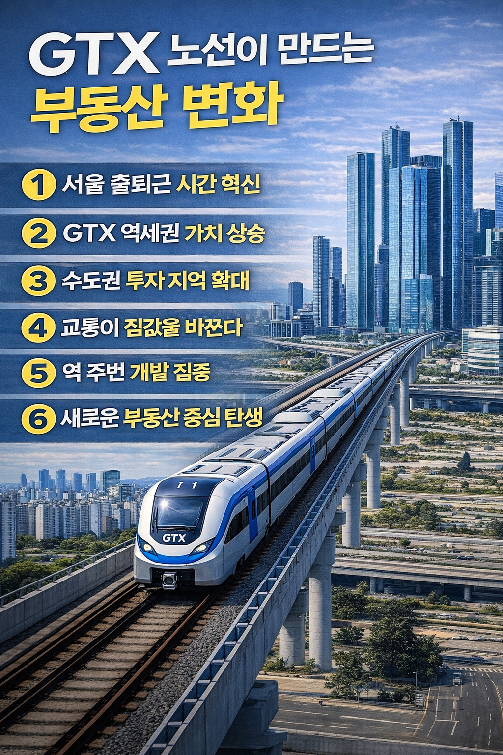GTX 노선 확장으로 인한 수도권 부동산 변화와 GTX 역세권 가치 상승을 설명하는 인포그래픽 이미지로, 고층 아파트와 도심 빌딩 사이를 달리는 GTX 열차와 함께 서울 출퇴근 시간 단축, GTX 역세권 프리미엄, 수도권 투자 지역 확대 등 부동산 시장 변화 6가지를 정리한 그래픽