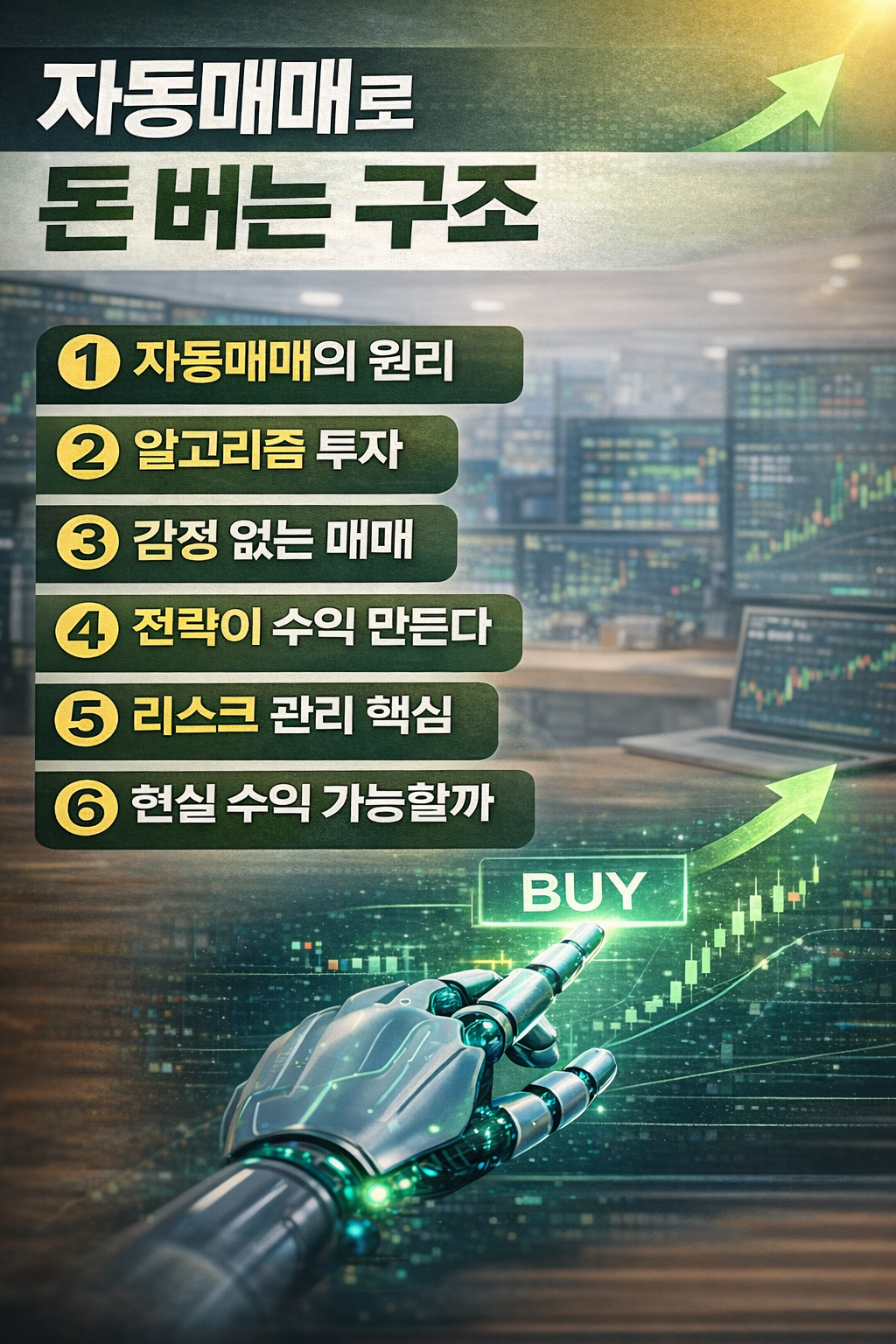 자동매매로 돈 버는 구조를 설명하는 주식 자동매매 인포그래픽 이미지, 알고리즘 투자와 리스크 관리 전략을 정리한 투자 콘텐츠