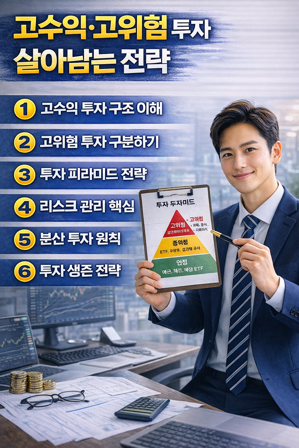 고수익 고위험 투자 구조와 투자 피라미드 전략, 리스크 관리 방법을 설명하는 투자 인포그래픽