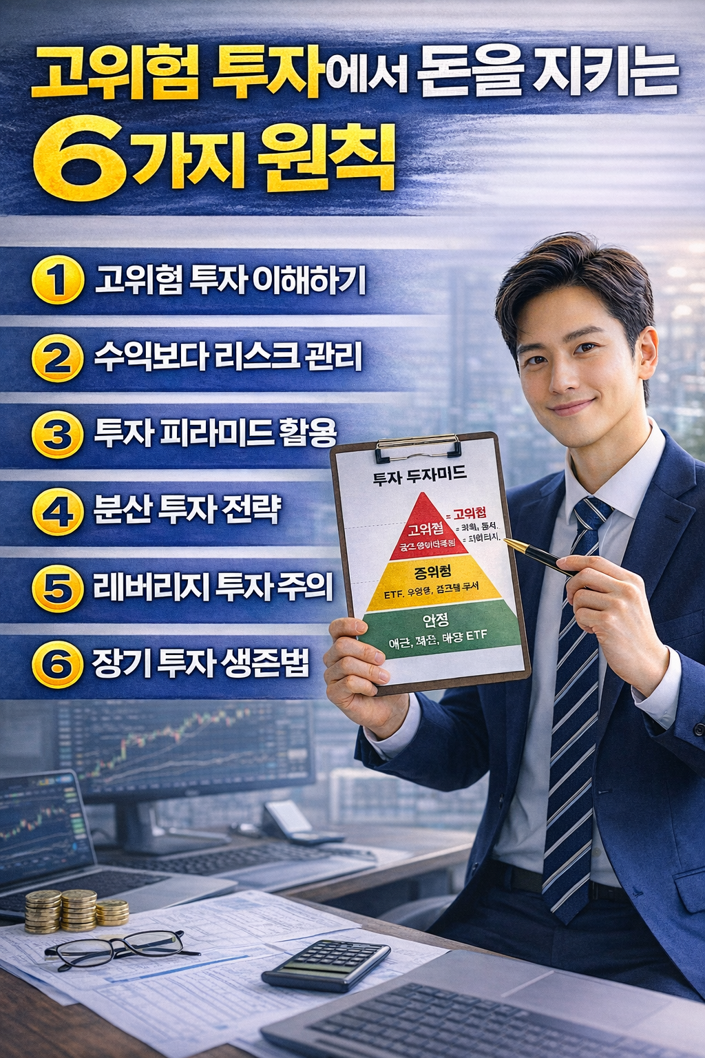 고위험 투자에서 돈을 지키는 6가지 원칙과 투자 피라미드 전략을 설명하는 재테크 인포그래픽