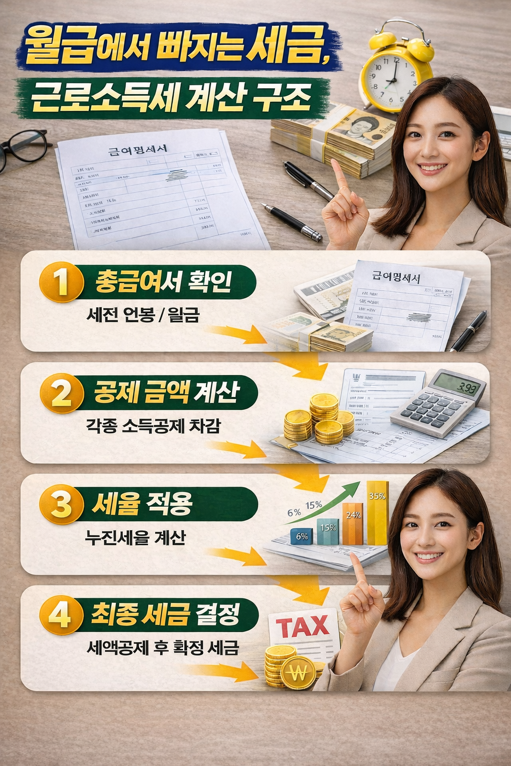 월급에서 빠지는 근로소득세 계산 과정을 단계별로 설명하는 인포그래픽 이미지