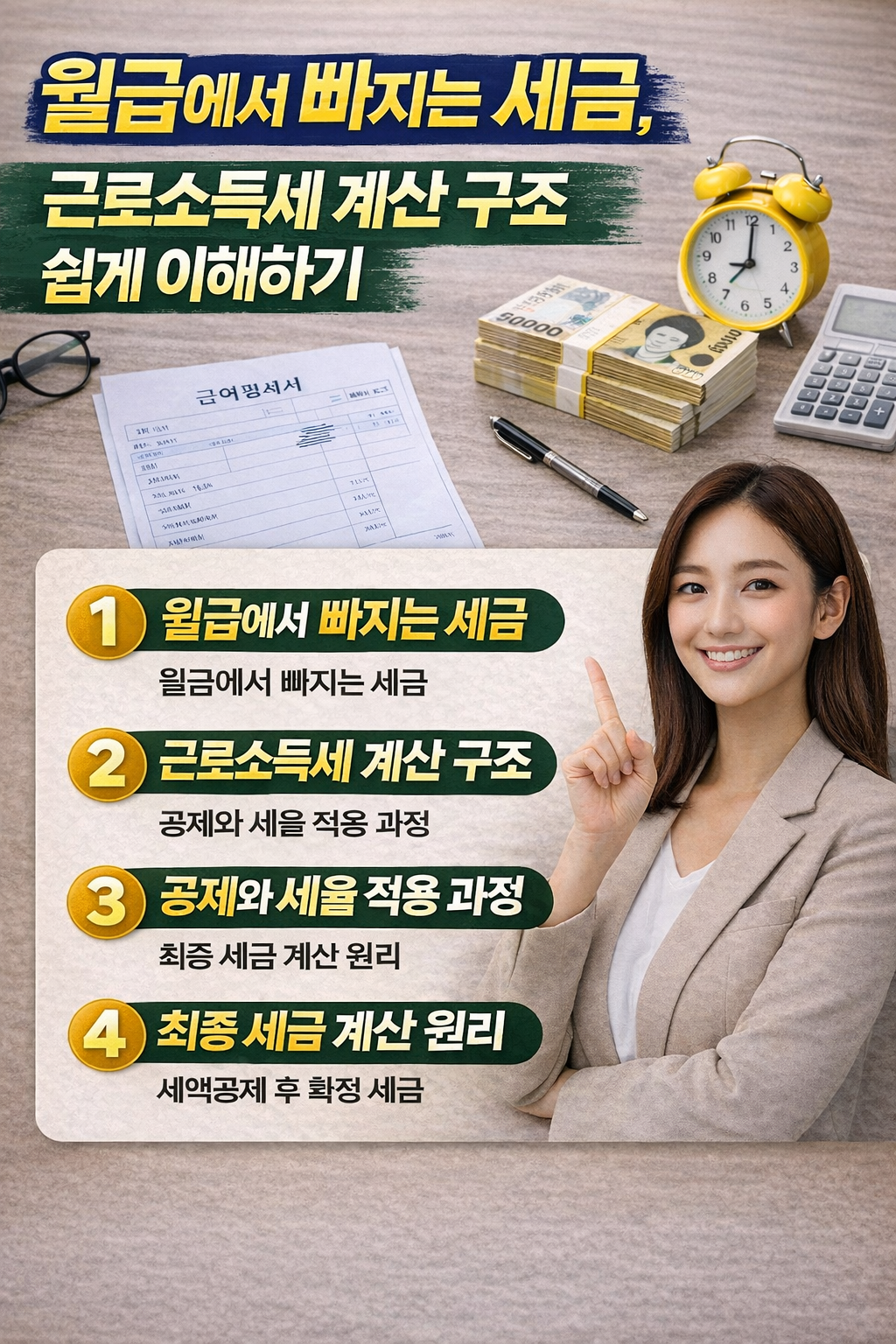 월급에서 빠지는 근로소득세 계산 구조를 설명하는 인포그래픽으로, 급여명세서·현금·계산기 등이 놓인 책상 배경 위에 한 명의 여성이 손가락으로 설명 포인트를 가리키며 ‘월급에서 빠지는 세금’, ‘근로소득세 계산 구조’, ‘공제와 세율 적용 과정’, ‘최종 세금 계산 원리’ 4단계를 정리한 직장인 세금 가이드 이미지