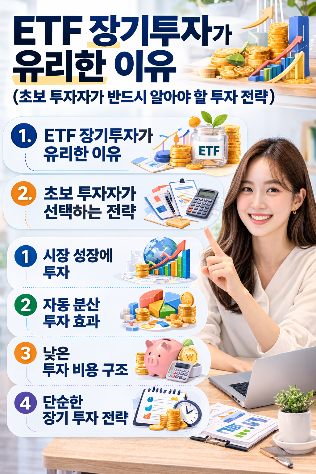 ETF 장기투자가 유리한 이유를 설명하는 재테크 인포그래픽으로, 사무실 책상 위에 계산기와 현금, 동전이 놓여 있고 정장을 입은 여성이 손가락으로 설명 포인트를 가리키며 ‘ETF 장기투자가 유리한 이유’, ‘초보 투자자가 선택하는 전략’, ‘시장 성장에 투자’, ‘자동 분산 투자 효과’, ‘낮은 투자 비용 구조’, ‘단순한 장기 투자 전략’ 6가지 내용을 아이콘과 함께 정리한 이미지