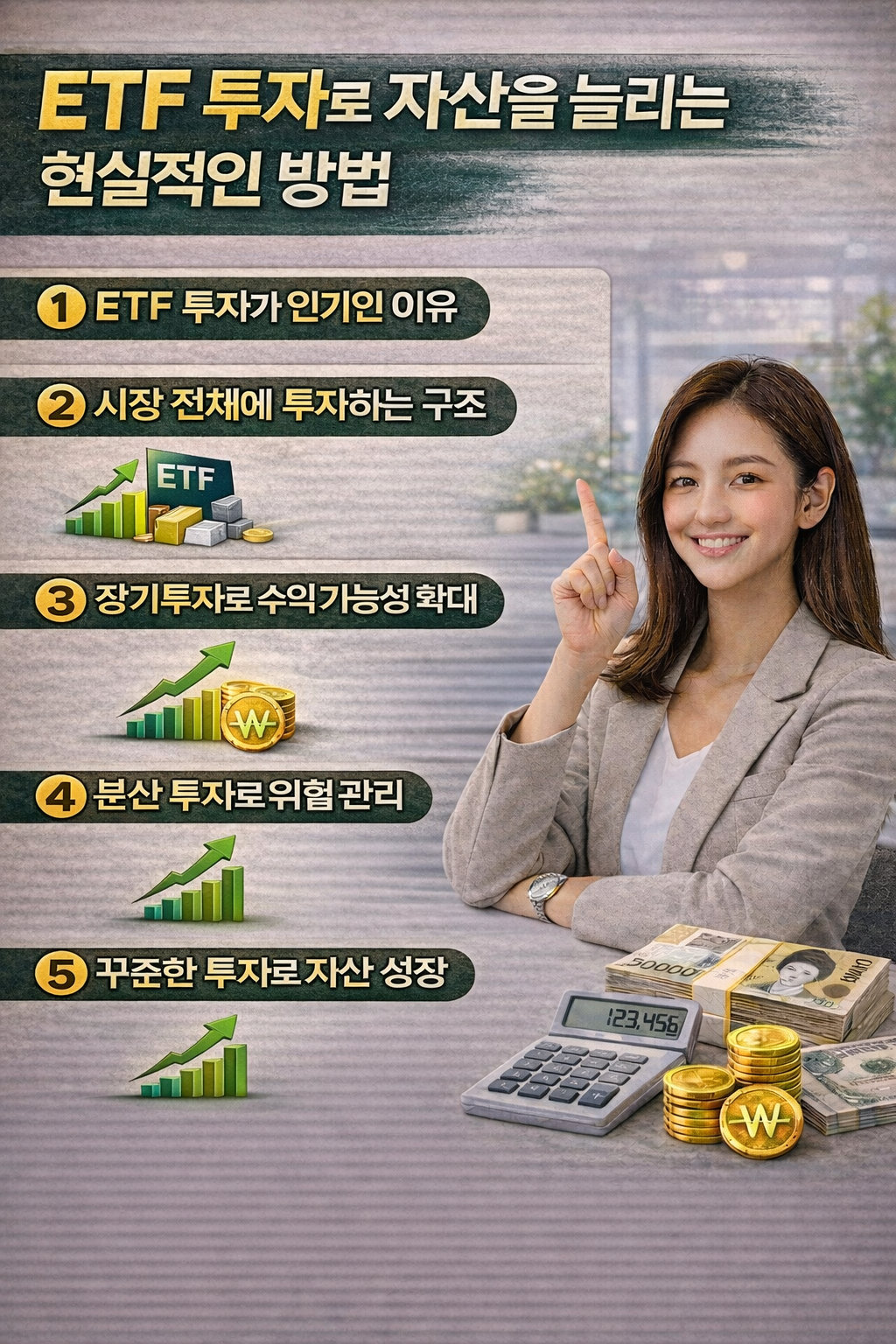ETF 투자로 자산을 늘리는 현실적인 방법을 설명하는 재테크 인포그래픽으로, 사무실 책상 위에 계산기와 현금, 동전이 놓여 있고 정장을 입은 여성이 손가락으로 설명 포인트를 가리키며 ‘ETF 투자가 인기인 이유’, ‘시장 전체에 투자하는 구조’, ‘장기투자로 수익 가능성 확대’, ‘분산 투자로 위험 관리’, ‘꾸준한 투자로 자산 성장’ 5가지 내용을 아이콘과 함께 정리한 이미지