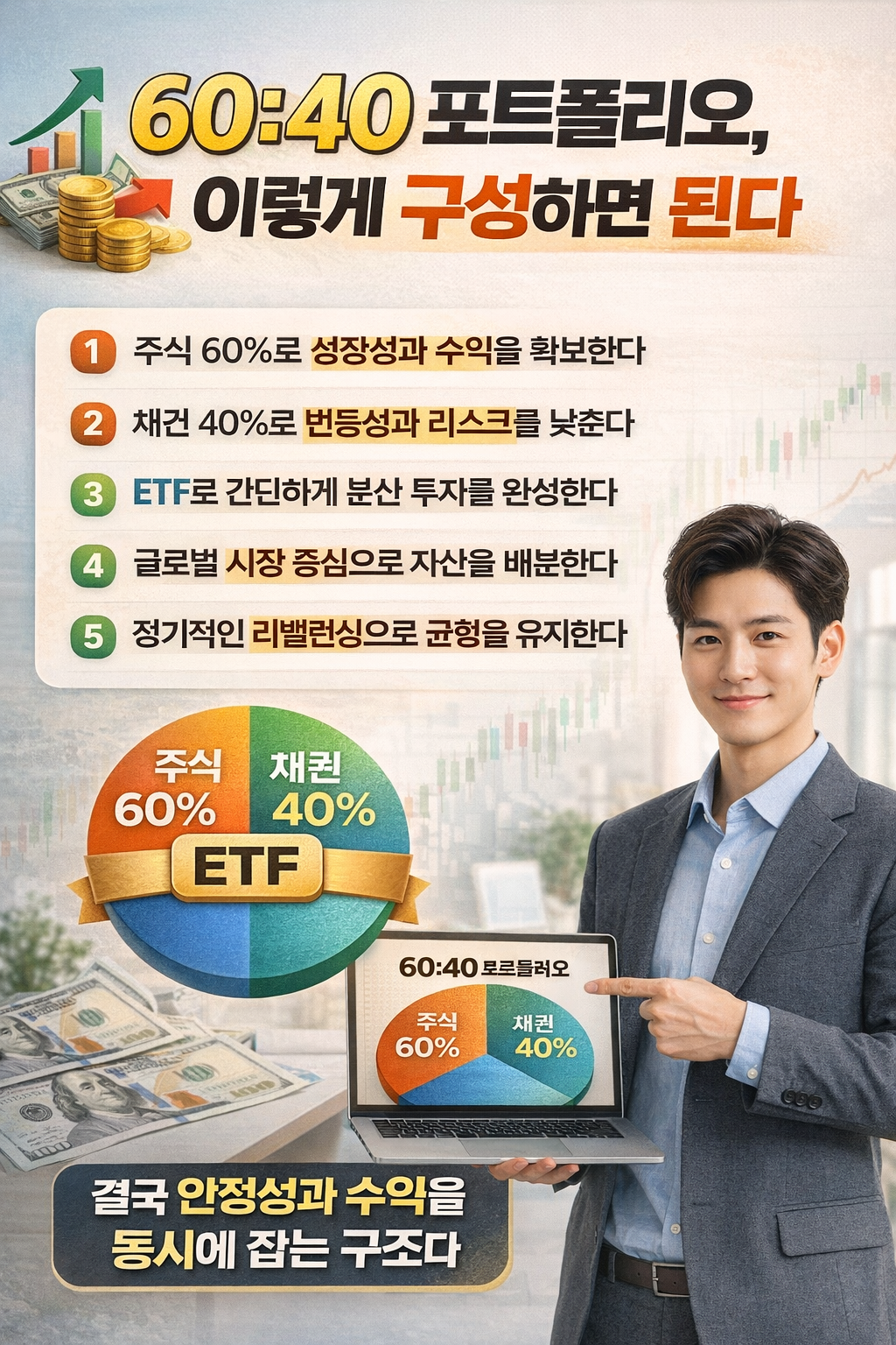 남성이 노트북 화면의 60:40 포트폴리오 그래프를 가리키며 주식 60%와 채권 40%로 구성된 ETF 투자 전략을 설명하는 재테크 인포그래픽 이미지