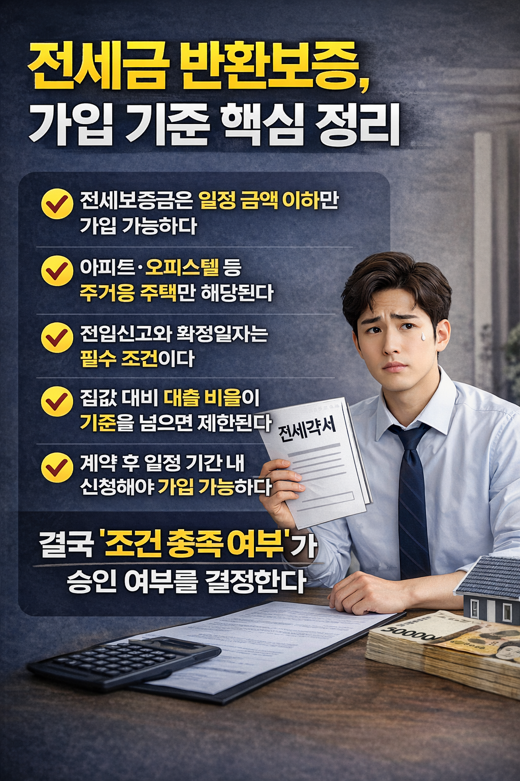 전세금 반환보증 가입 기준을 설명하는 인포그래픽으로, 전세계약서와 서류를 들고 있는 남성과 체크리스트 형태의 조건 설명이 포함된 이미지
