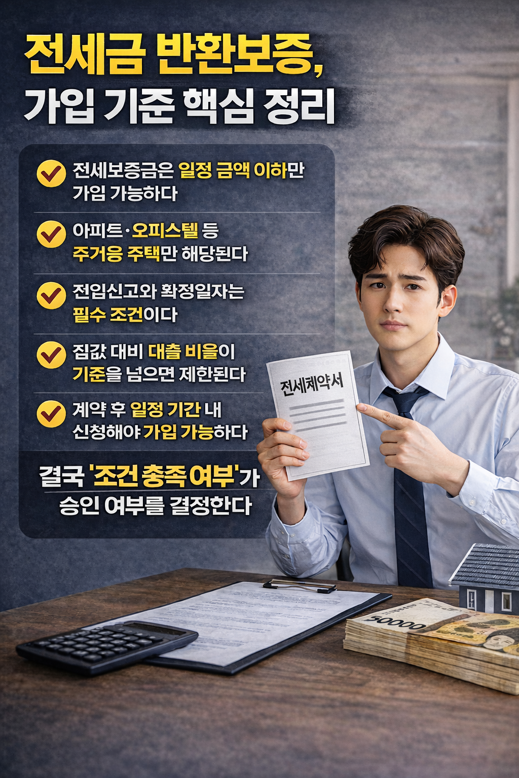 전세금 반환보증 가입 기준을 설명하는 인포그래픽으로, 전세계약서를 들고 있는 남성과 함께 보증금 조건, 주택 유형, 전입신고 등 핵심 기준이 정리된 이미지