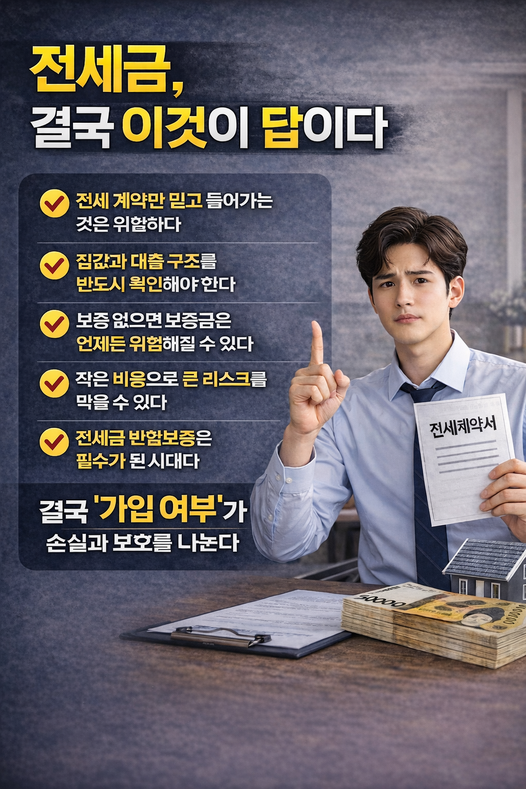 전세계약서를 들고 있는 남성과 함께 전세금 반환보증 필요성과 가입 중요성을 강조한 인포그래픽으로, 보증 가입 여부에 따라 결과가 달라짐을 설명하는 이미지