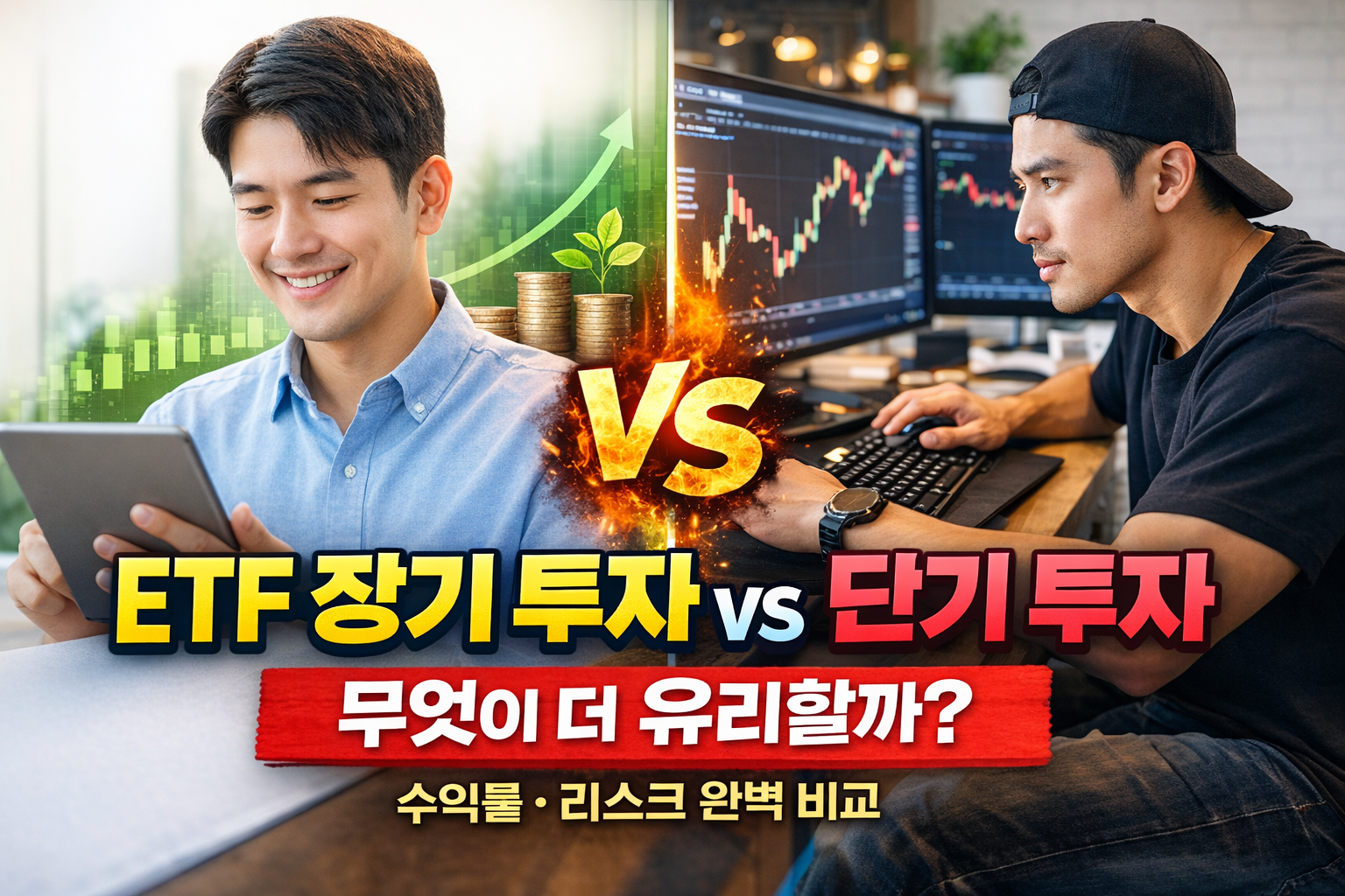 ETF 장기 투자와 단기 투자를 비교하는 밝은 분위기의 썸네일로, 왼쪽에는 웃으며 태블릿을 보는 남성과 상승 그래프, 오른쪽에는 차트를 분석하는 남성이 대비된 모습