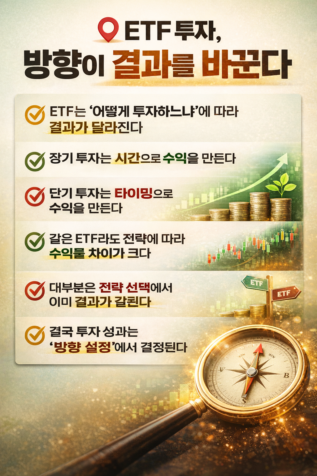 ETF 투자에서 장기와 단기 전략 차이를 설명하는 인포그래픽으로, 방향 설정에 따라 수익 결과가 달라지는 구조를 시각적으로 보여주는 이미지