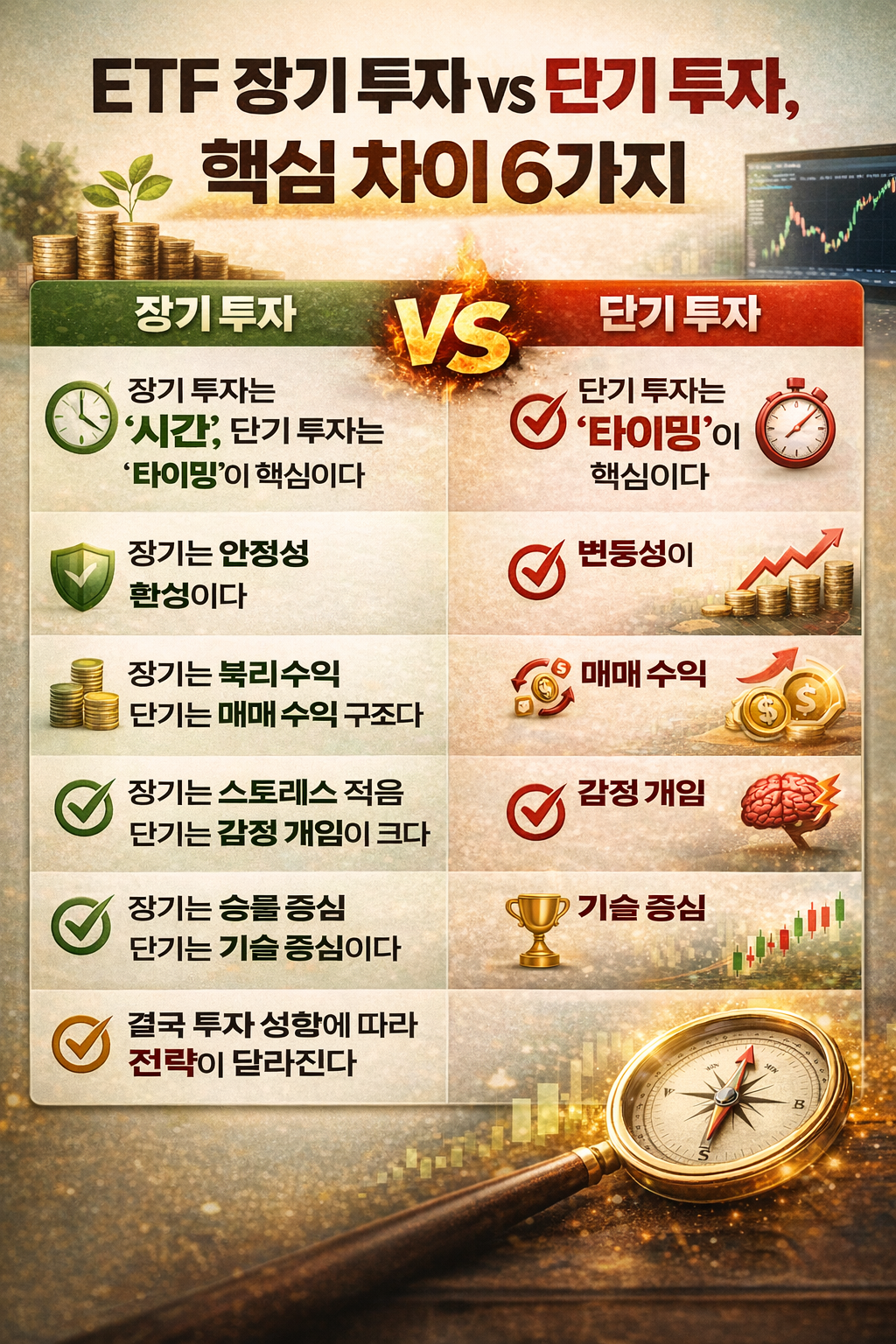 TF 장기 투자와 단기 투자의 차이를 6가지 핵심 기준으로 비교한 인포그래픽으로, 시간·타이밍·수익 구조·감정 개입 등을 시각적으로 정리한 이미지
