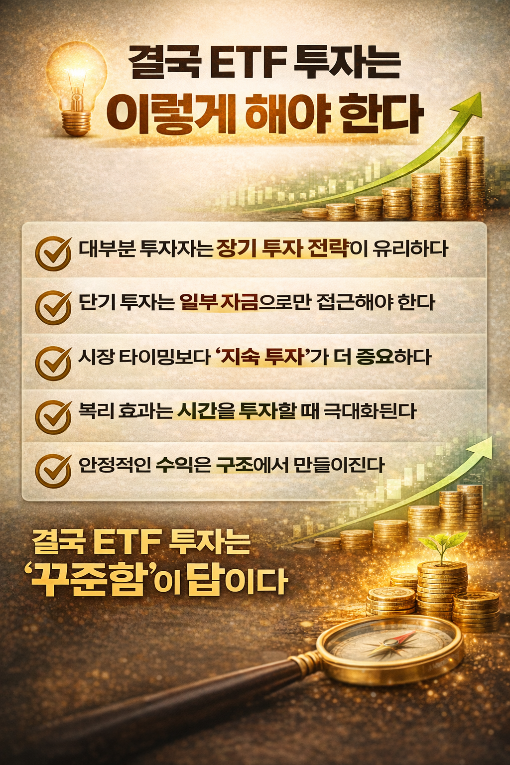 ETF 투자 결론을 정리한 인포그래픽으로, 장기 투자 중심 전략과 꾸준함의 중요성을 6가지 핵심 문장으로 강조한 이미지