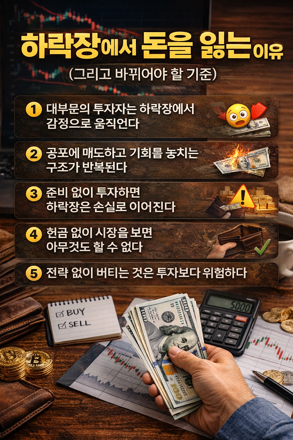 하락장에서 돈을 잃는 이유를 주제로, 달러를 들고 있는 손과 주식 차트, 계산기, 코인 등이 놓인 책상 위에 투자자의 감정적 판단과 전략 부족을 설명하는 인포그래픽 이미지