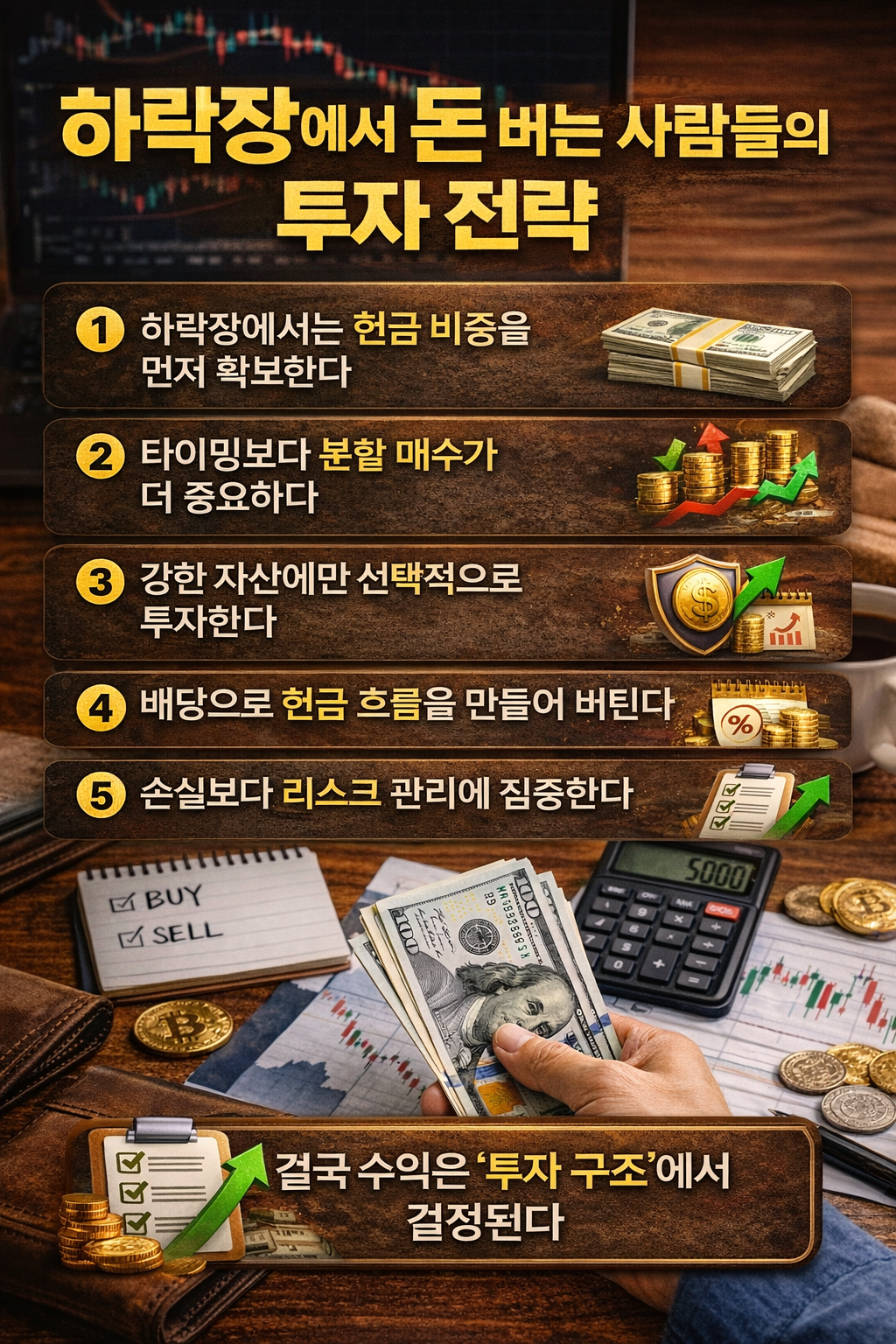 하락장에서 돈 버는 사람의 기준을 설명하는 인포그래픽으로, 달러를 들고 있는 손과 주식 차트, 계산기, 코인 등이 놓인 책상 위에서 현금 준비, 감정 통제, 투자 구조의 중요성을 강조한 이미지