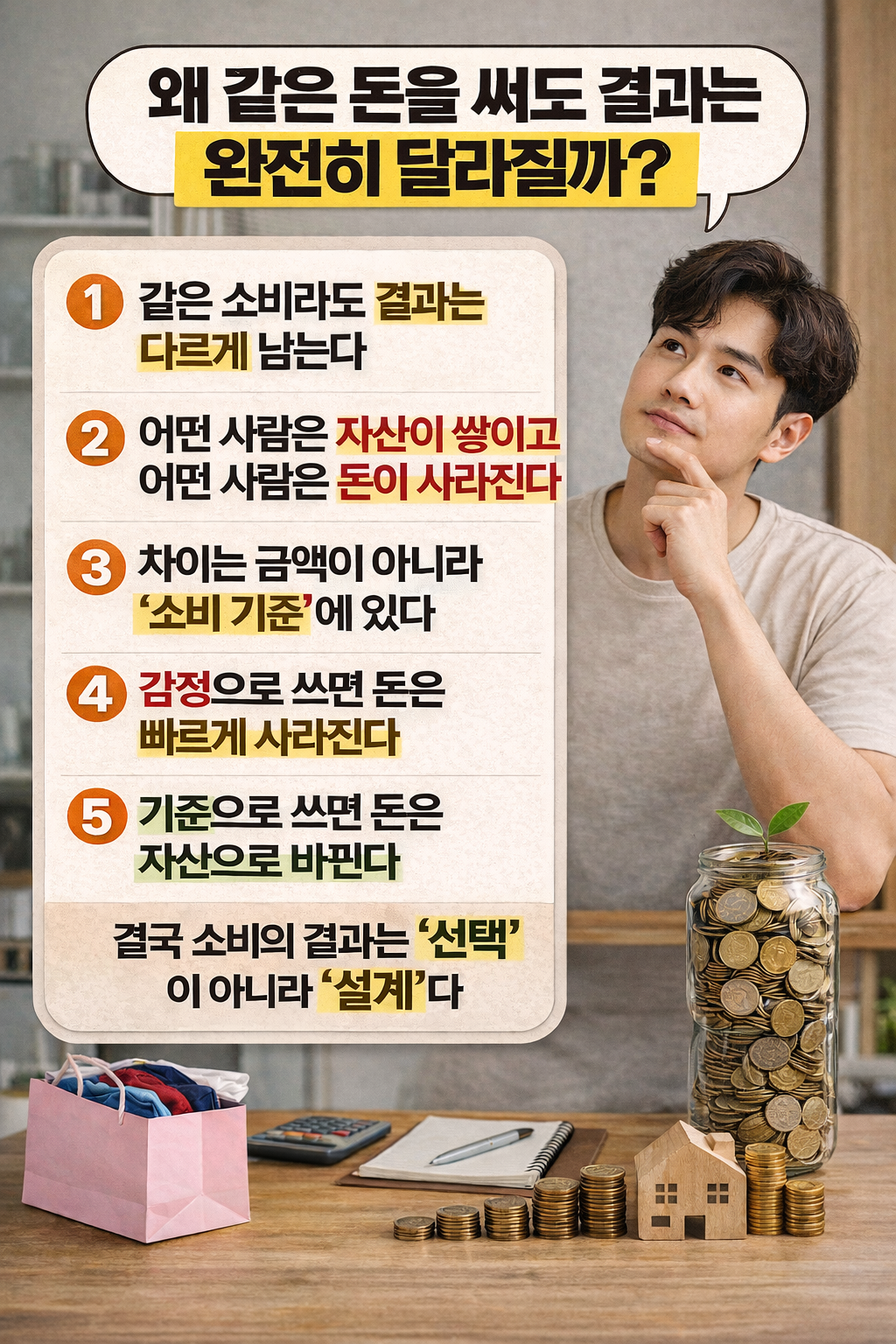 합리적인 소비와 낭비의 차이를 설명하는 인포그래픽 이미지로, 고민하는 남성과 저축을 상징하는 동전 저금통, 소비를 의미하는 쇼핑백이 함께 배치된 재테크 비교 장면