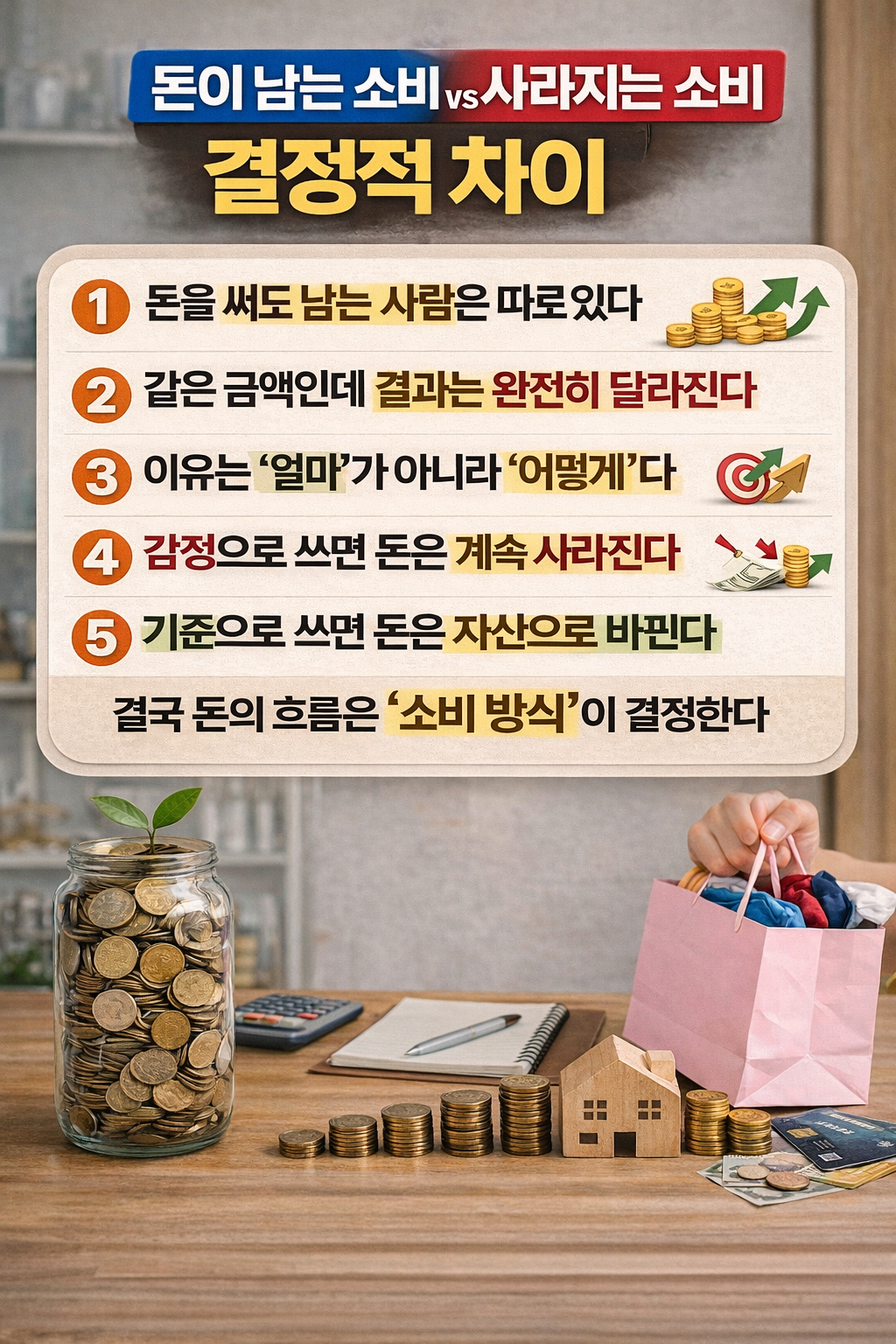 소비 습관이 자산을 결정한다는 내용을 담은 인포그래픽 이미지로, 동전이 쌓인 저금통과 계산기, 집 모형이 배치된 재테크 자산 형성 장면