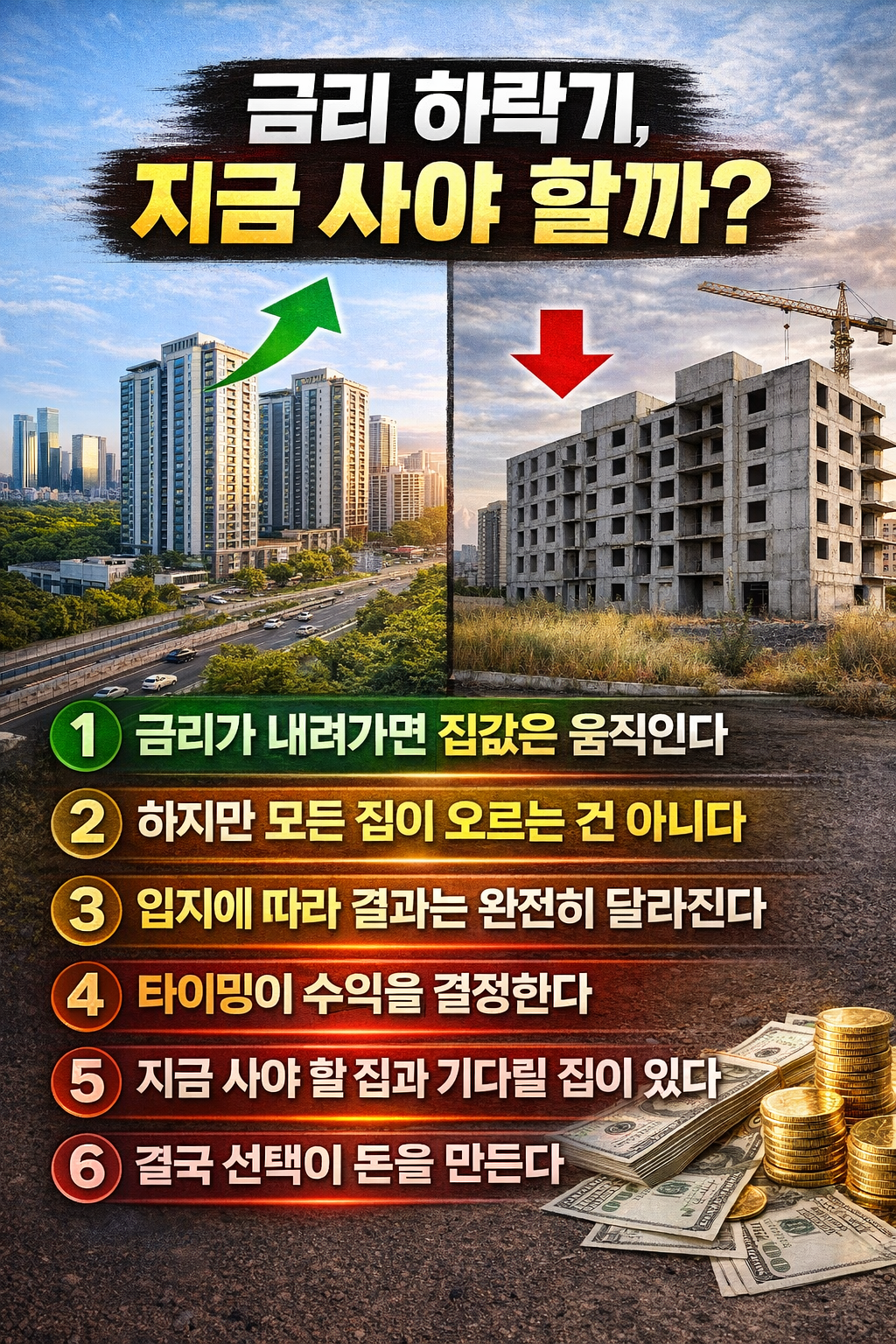 금리 하락기 부동산 판단 기준 인포그래픽으로 입지, 수요, 공급, 가격, 대출 요소를 비교하며 사야 하는 집과 기다려야 하는 집 기준 6가지를 설명하는 이미지