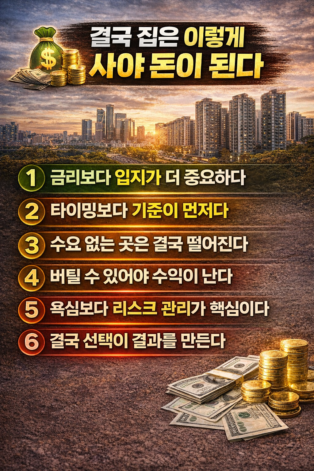 금리 하락기 부동산 투자 결론 인포그래픽으로 입지, 수요, 타이밍, 리스크 관리 등 집을 사는 핵심 기준 6가지를 강조한 이미지