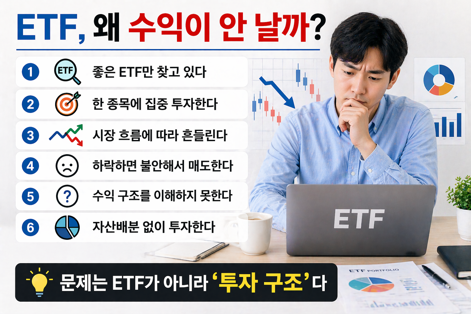 ETF 투자 수익이 나지 않는 이유를 6가지로 정리한 인포그래픽과 함께 노트북으로 투자 상황을 확인하며 고민하는 남성이 등장하는 이미지