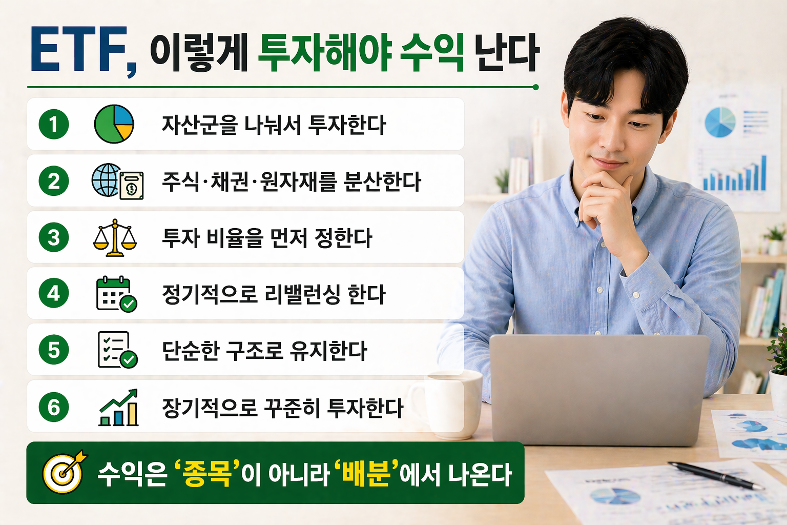 ETF 자산배분 전략 6가지를 정리한 인포그래픽과 함께 노트북으로 투자 분석을 하는 남성이 등장하는 현대적인 이미지