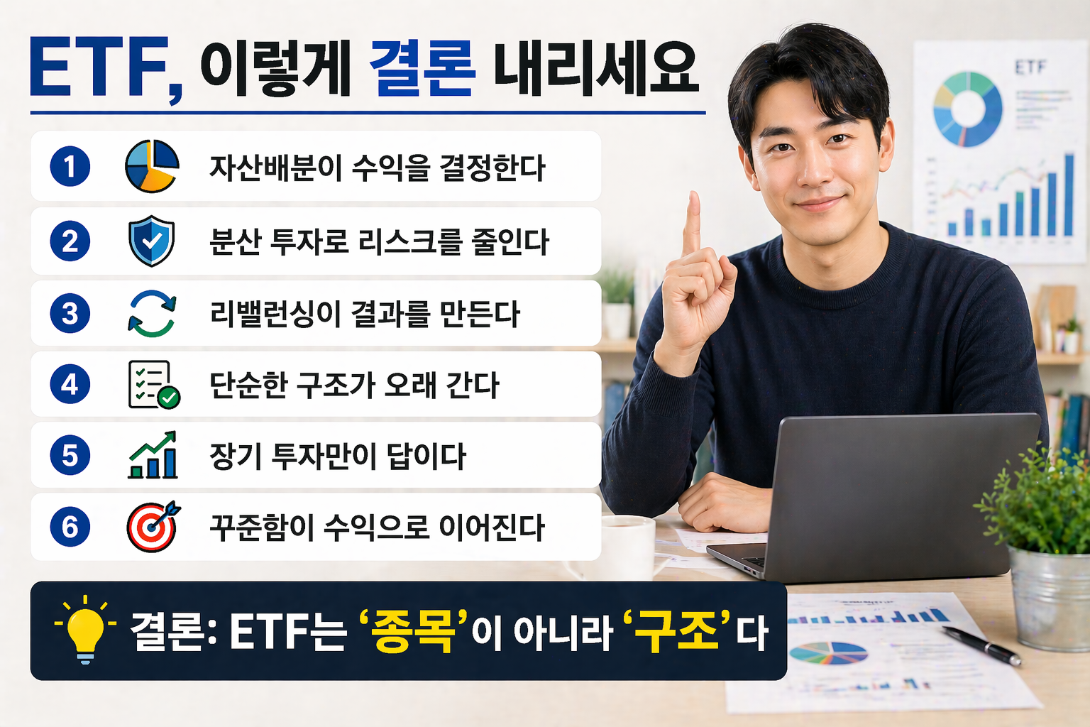 ETF 투자 결론을 정리한 인포그래픽과 함께 노트북으로 자산 포트폴리오를 확인하는 남성이 등장하는 현대적인 투자 이미지