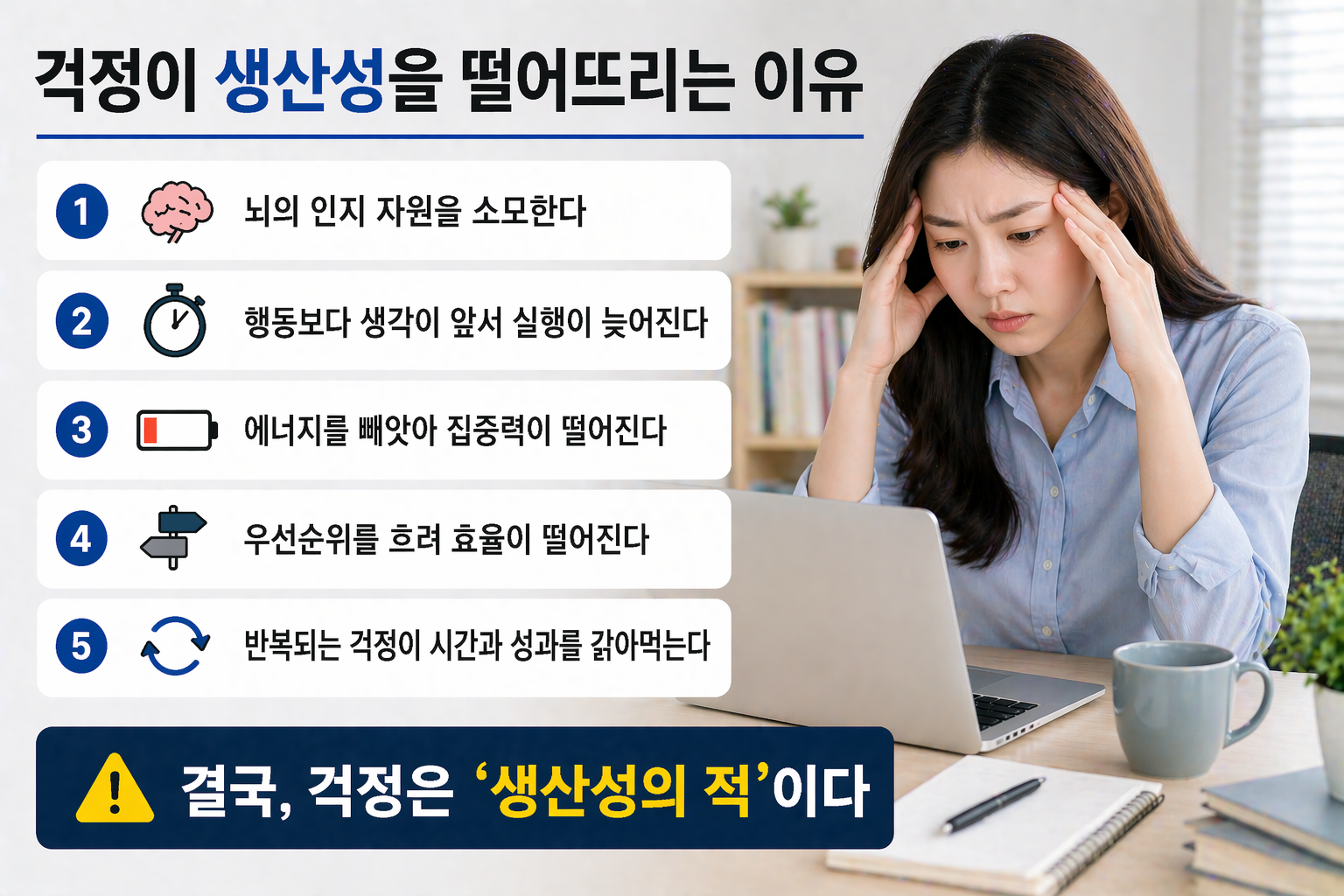 노트북 앞에서 머리를 짚고 고민하는 여성과 함께 걱정이 생산성을 떨어뜨리는 이유를 5가지로 정리한 인포그래픽 이미지