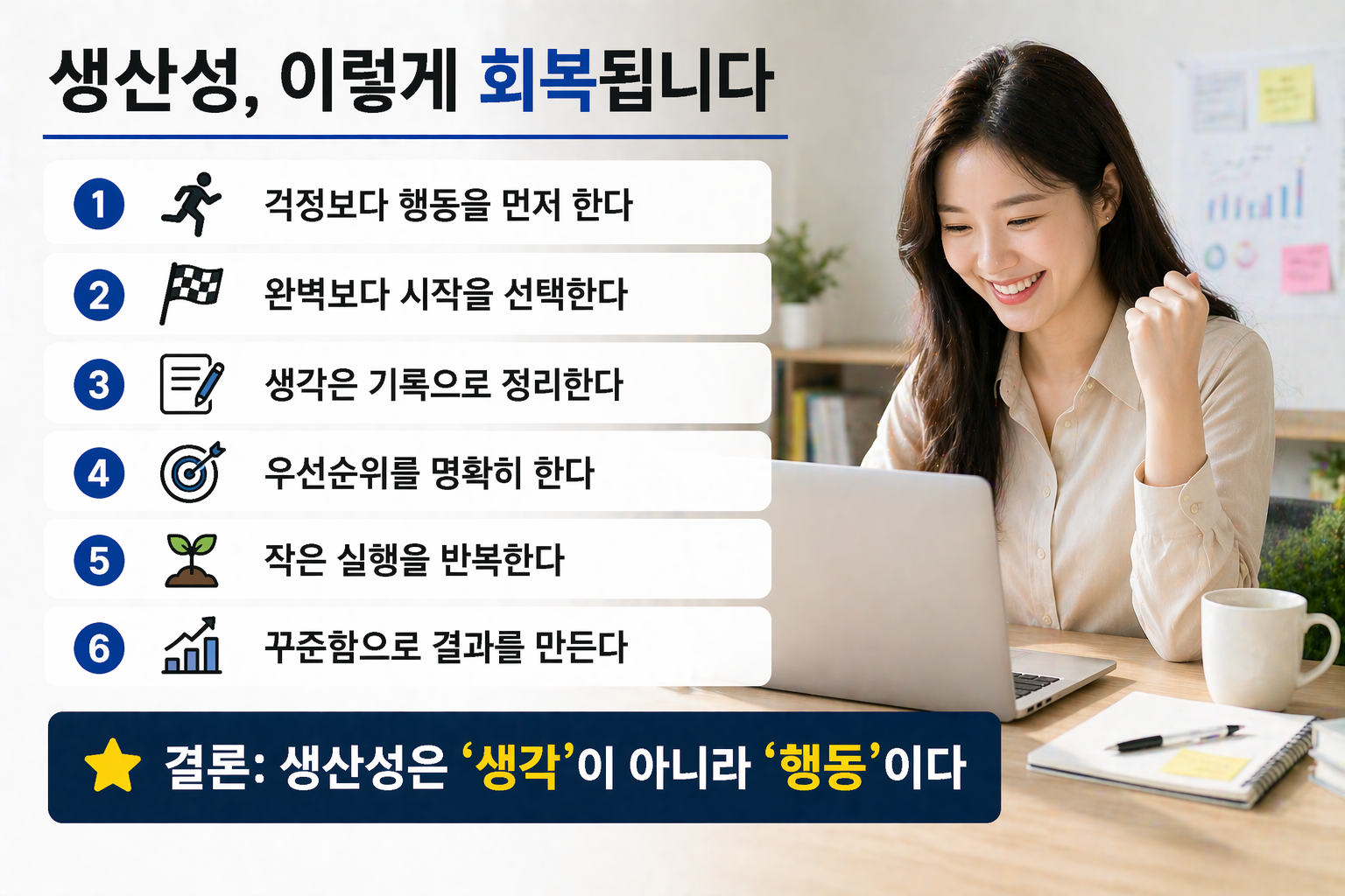 노트북 앞에서 목표를 달성한 듯 기뻐하는 여성과 함께 생산성을 높이는 행동 전략 6가지를 정리한 인포그래픽 이미지