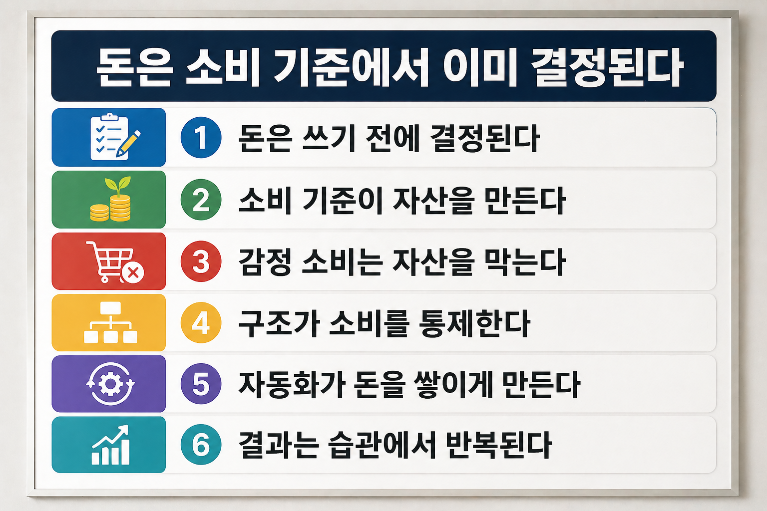돈은 소비 기준에서 이미 결정된다는 메시지를 중심으로, 소비 전 결정, 소비 기준, 감정 소비 차단, 구조 통제, 자동화, 습관 반복 등 6가지 핵심 요소를 정리한 재테크 인포그래픽 이미지