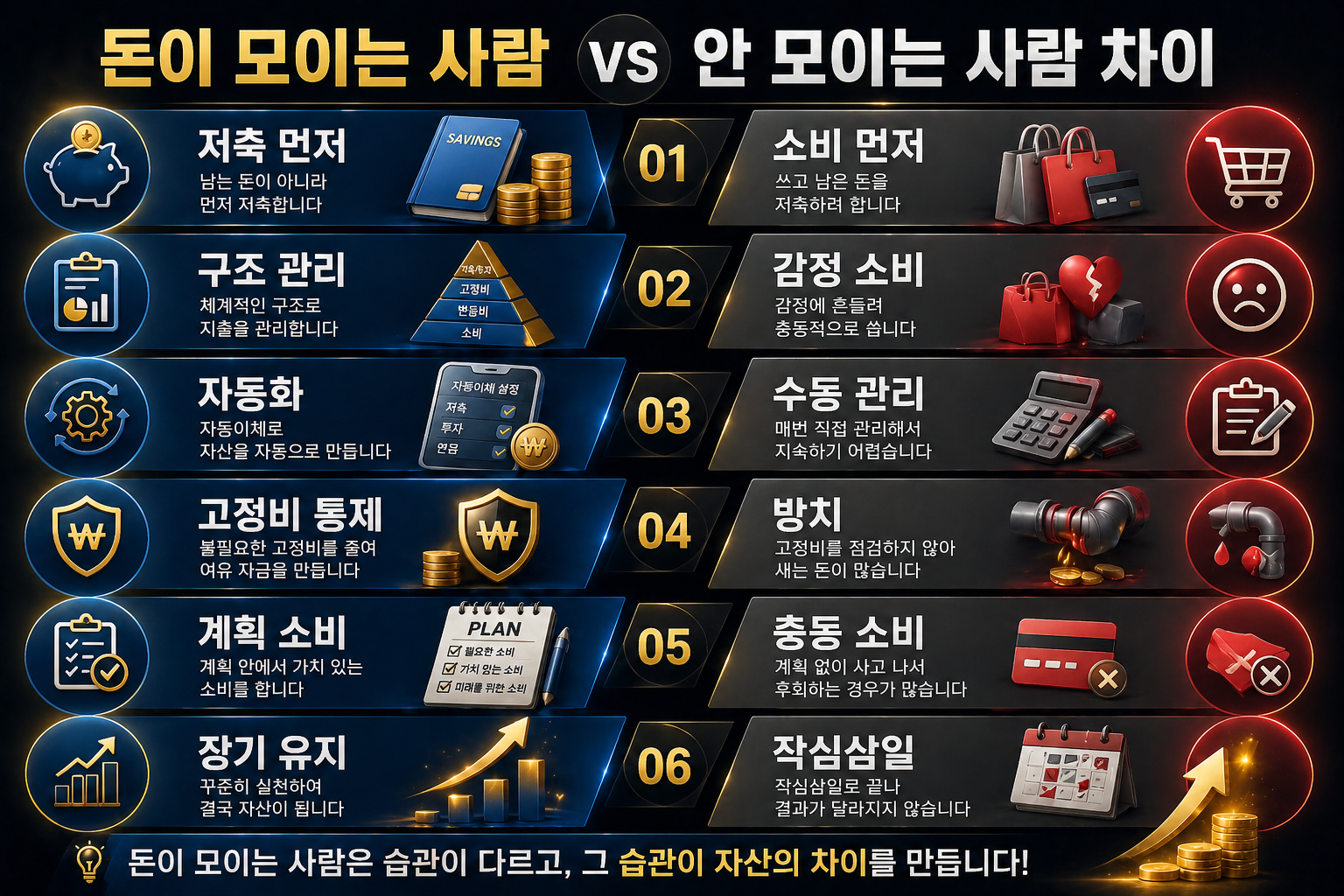 돈이 모이는 사람과 안 모이는 사람의 소비 습관을 비교한 고급 인포그래픽으로, 저축 먼저, 구조 관리, 자동화, 고정비 통제, 계획 소비, 장기 유지와 소비 먼저, 감정 소비, 수동 관리, 방치, 충동 소비, 작심삼일의 차이를 금색과 네온 효과로 강조한 이미지