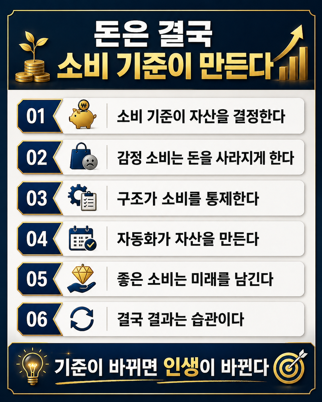 돈은 소비 기준이 만든다는 메시지를 강조한 고급 인포그래픽으로, 소비 기준, 감정 소비 차단, 구조 통제, 자동화, 가치 있는 소비, 습관 형성 등 자산을 만드는 6가지 핵심 요소를 정리한 결론 이미지