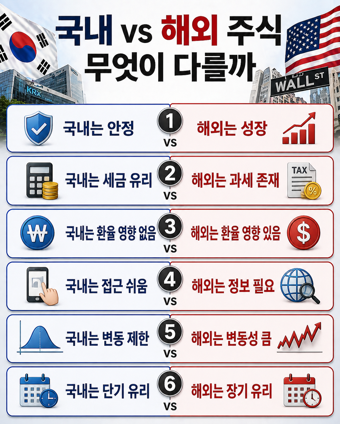 국내 주식과 해외 주식의 차이를 비교한 인포그래픽으로, 안정성과 성장성, 세금 구조, 환율 영향, 접근성, 변동성, 투자 기간 등 6가지 핵심 요소를 한국과 미국 시장 대비로 시각적으로 정리한 이미지