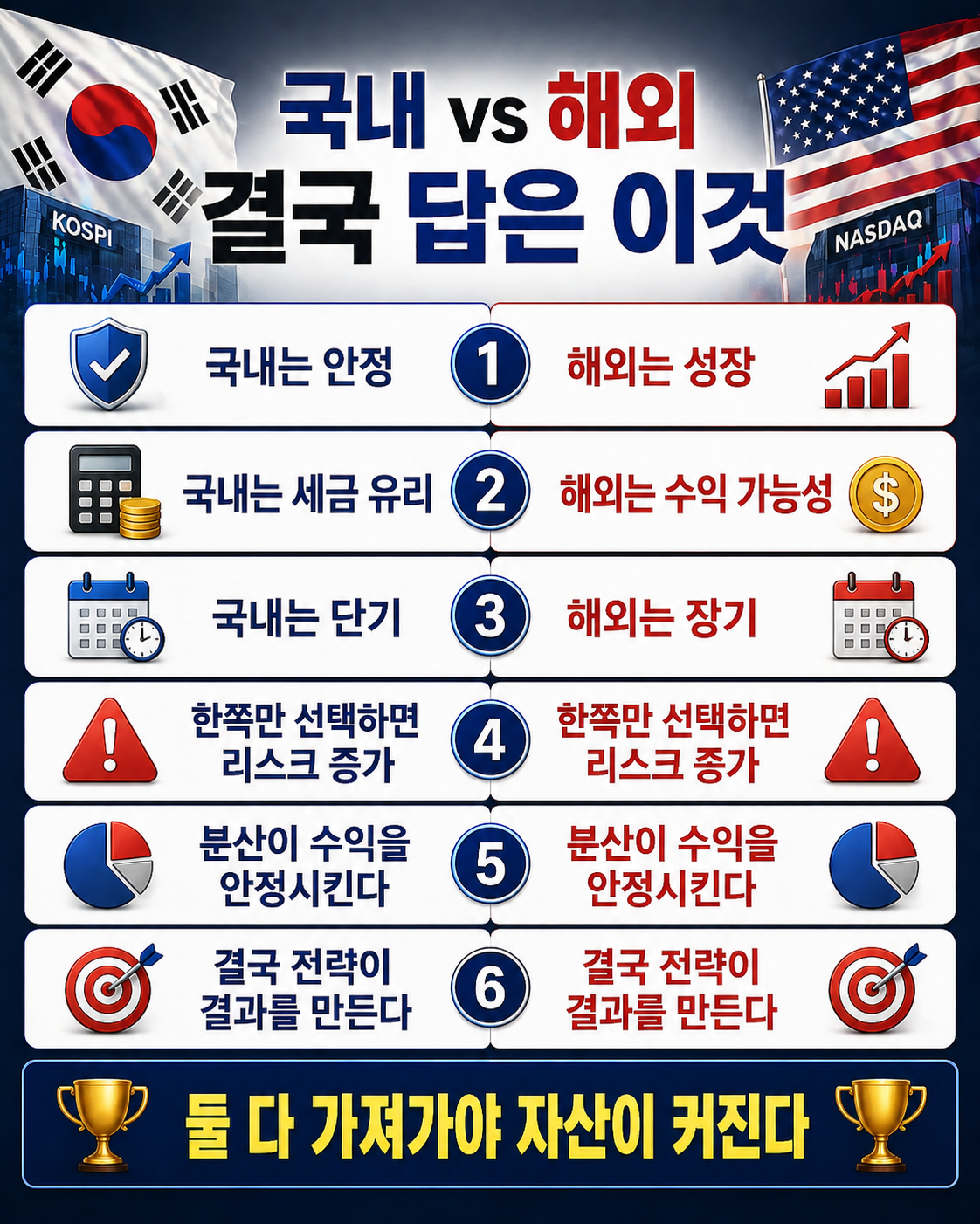 국내 주식과 해외 주식의 투자 전략을 비교한 결론형 인포그래픽으로, 안정성과 성장성, 세금 차이, 투자 기간, 분산 투자, 전략의 중요성을 6가지 핵심 요소로 정리하고 두 시장을 함께 활용해야 자산이 커진다는 메시지를 강조한 이미지