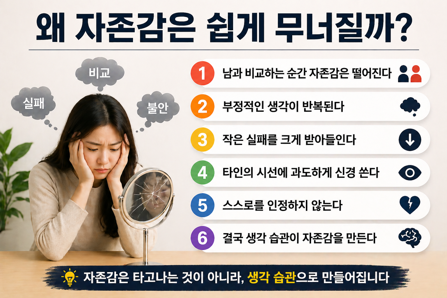 거울을 보며 고민하는 여성과 함께 ‘왜 자존감은 쉽게 무너질까?’라는 제목 아래 비교·부정적 생각·실패 인식 등 자존감이 낮아지는 원인 6가지가 정리된 인포그래픽 이미지