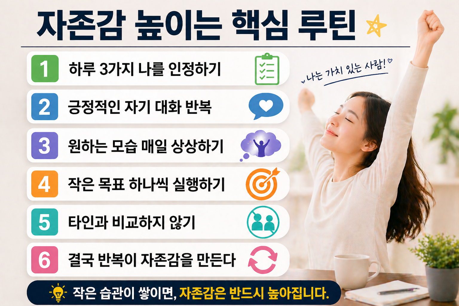 밝은 공간에서 팔을 들어 올리며 자신감을 표현하는 여성과 함께 ‘자존감 높이는 핵심 루틴’ 제목 아래 하루 3가지 인정·긍정 대화·목표 설정 등 6가지 실천 방법이 정리된 인포그래픽 이미지